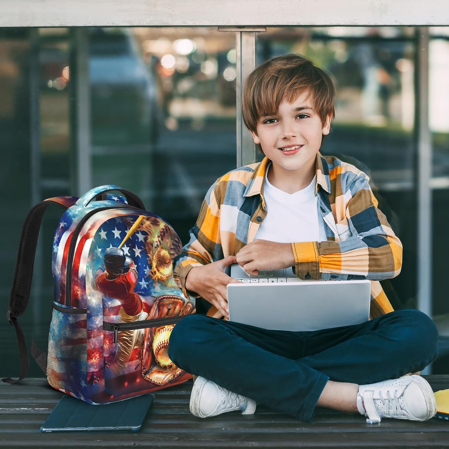 Baseball School Backpack for Boys Sports American Flag Baseball Boys Backpack for Kids Children Teens Ages 6-18 Elementary Middle School Students Bookbag Travel Back Pack