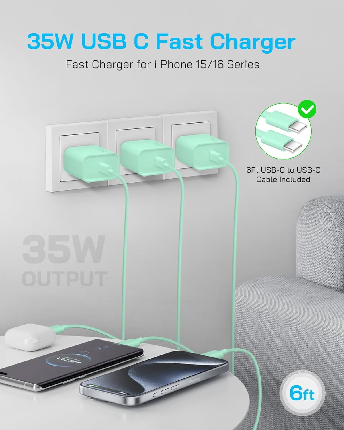 35W i Phone 17 16 15 Charger Fast Charging, 3-Pack USB C Charger Block Type C Chargers 6 FT Type C to C Cable for iPhone 17 Air/17/17 Plus/17 Pro/17 Pro Max/16/16 Plus/16 Pro Max/15 Series-Green