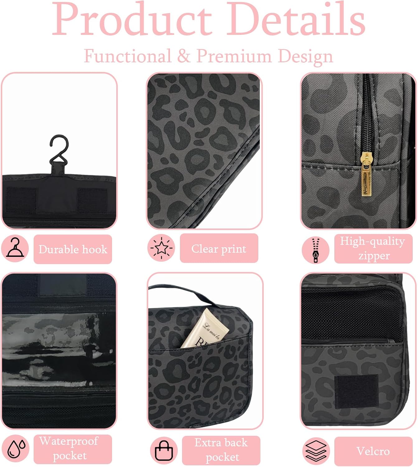 Crazy Bison Hanging Travel Toiletry Bag Kit Makeup Bag Cosmetics Organizer for Men Women (Black Leopard)