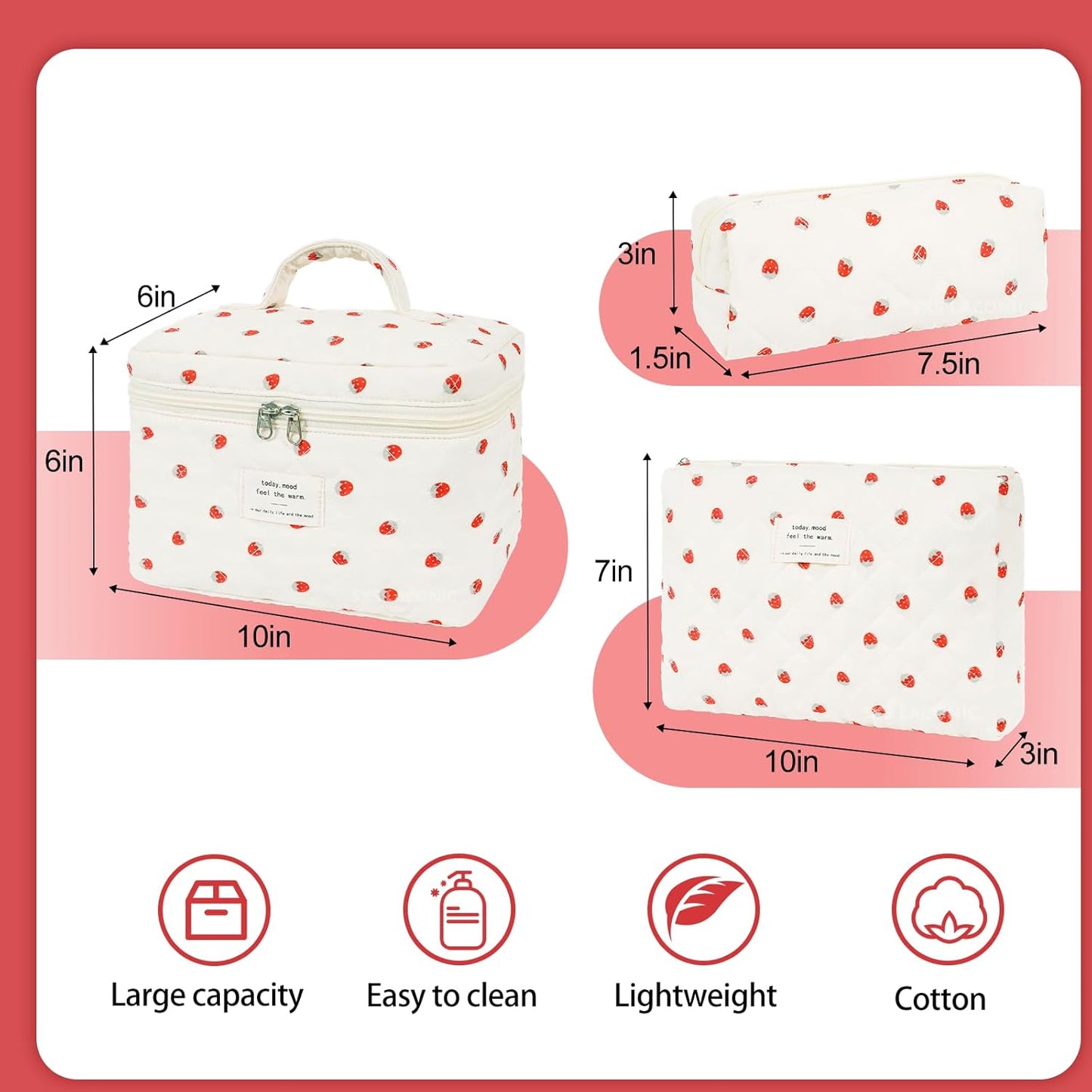 Quilted Makeup Bag Set, 3PCS Cosmetic Organizers for Women, Travel Toiletry Bags with Zipper Closure, Coquette Floral Make up Pouch