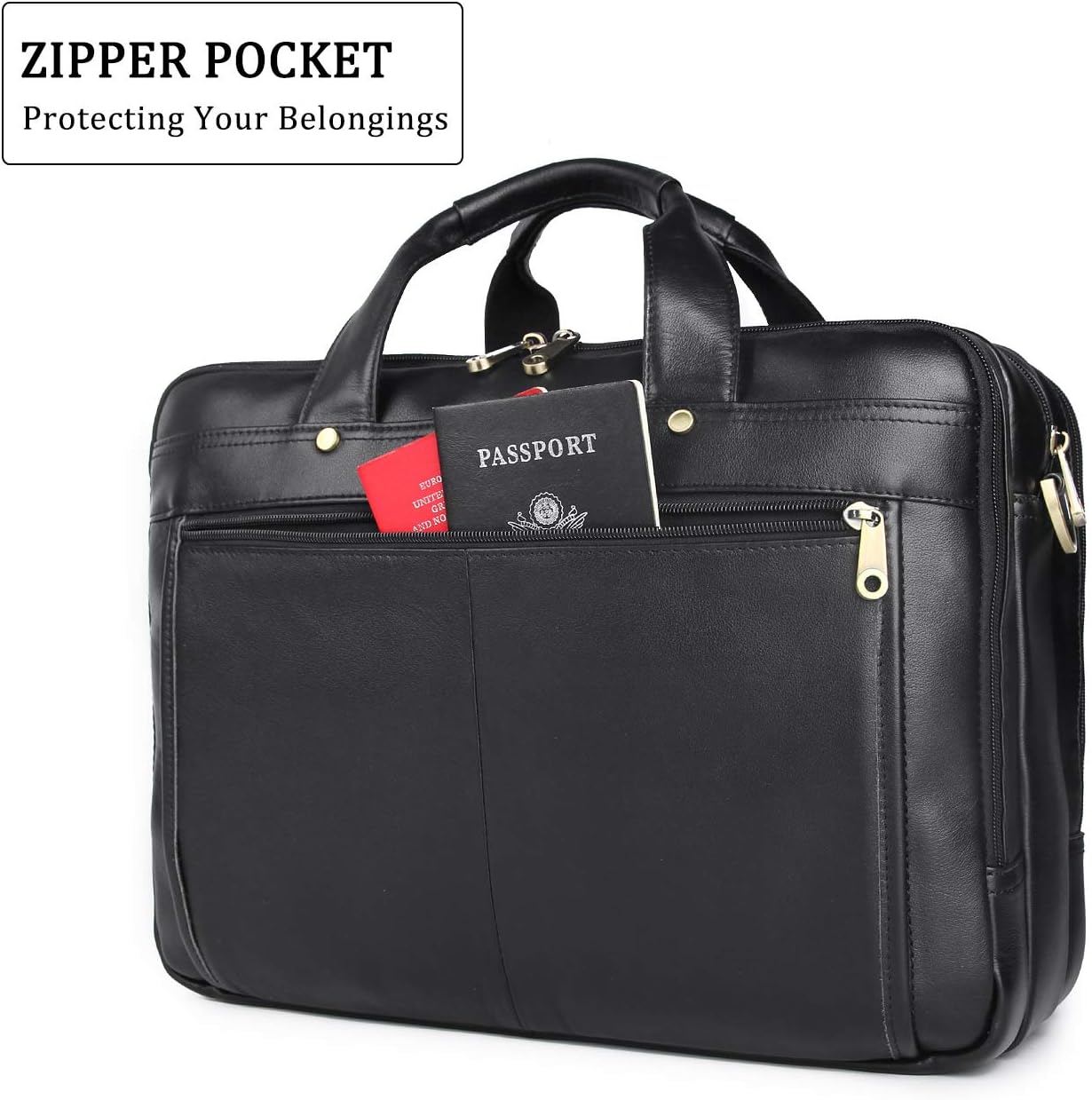 Augus Leather Briefcase for Men Business Travel Messenger Bags 15.6 Inch Laptop Bag, Black