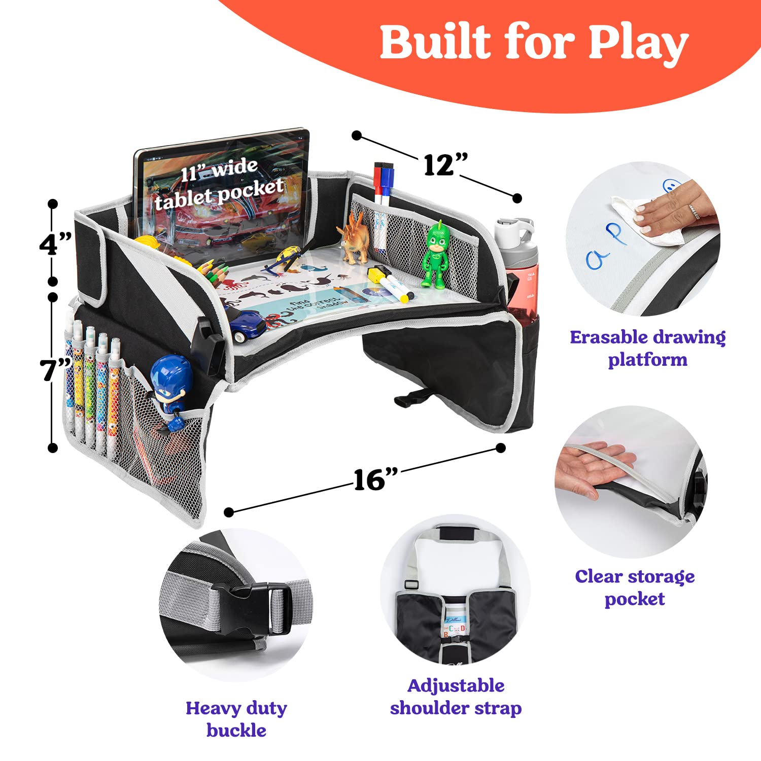 PILLANI Kids Travel Tray for Car - Car Seat Tray with Activity Sheets & Pens, Road Trip Essentials