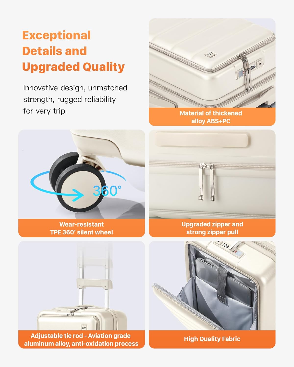 20 IN Carry On Luggage 22x14x9 Airline Approved - Front Pocket Hardside Travel Suitcase Unbreakable -with Cup Holder,Charging Port,Side Pothook, 360°Spinner Wheels, TSA Lock-White