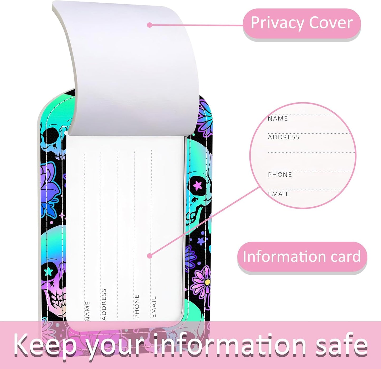 2 Pack Neon Skulls Luggage Tag for Suitcase,Skulls and Flowers PU Leather Suitcase Tags Identifiers with Privacy Name Address Labels and Steel Loop for Women Men Travel