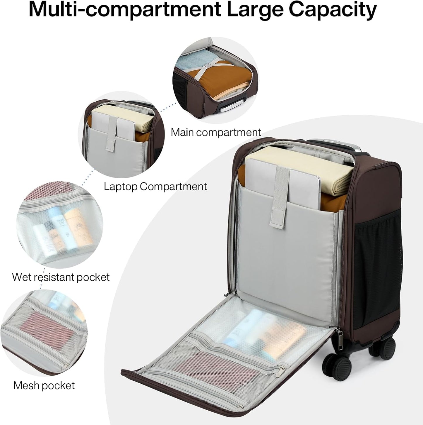 MILADA Carry On Luggage Airline Approved 16 Inch Underseat Small Suitcases with Wheels Softside Travel Luggage Personal Item Overnight Bag Business Mini Suitcase for Women and Men, Coffee