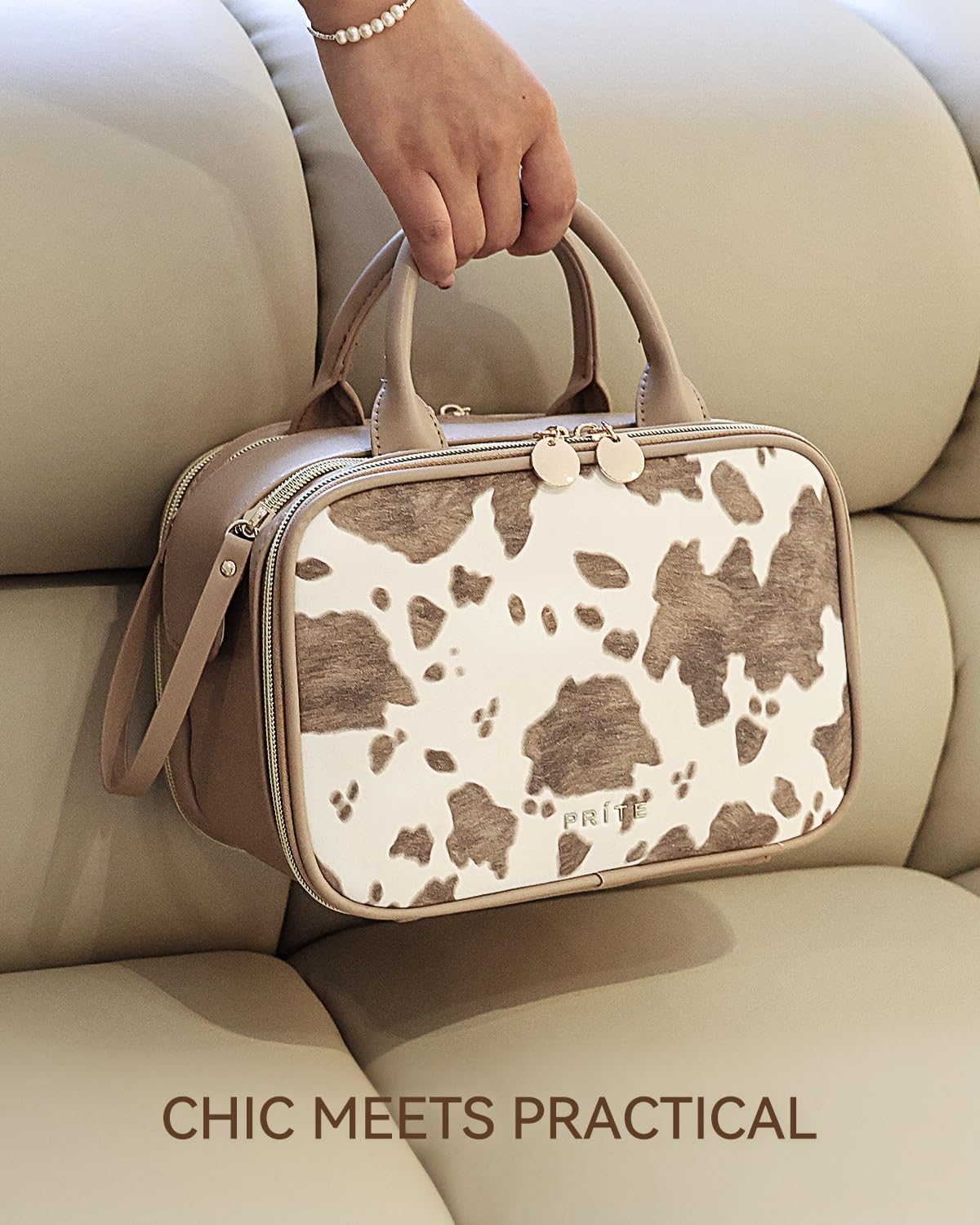 Prite Makeup Bag for Women, Large Capacity Waterproof Travel Cosmetic Organizer, Portable Open Flat Toiletry Bag with Free-standing Brush Holder and Handle(Cow Print Medium)