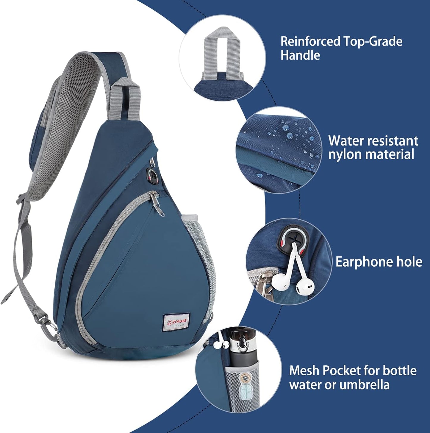 ZOMAKE Sling Bag,Small Crossbody Sling Backpack,Water Resistant Shoulder Daypack for Travel,Anti Thief Chest Bag for Hiking(Navy Blue)