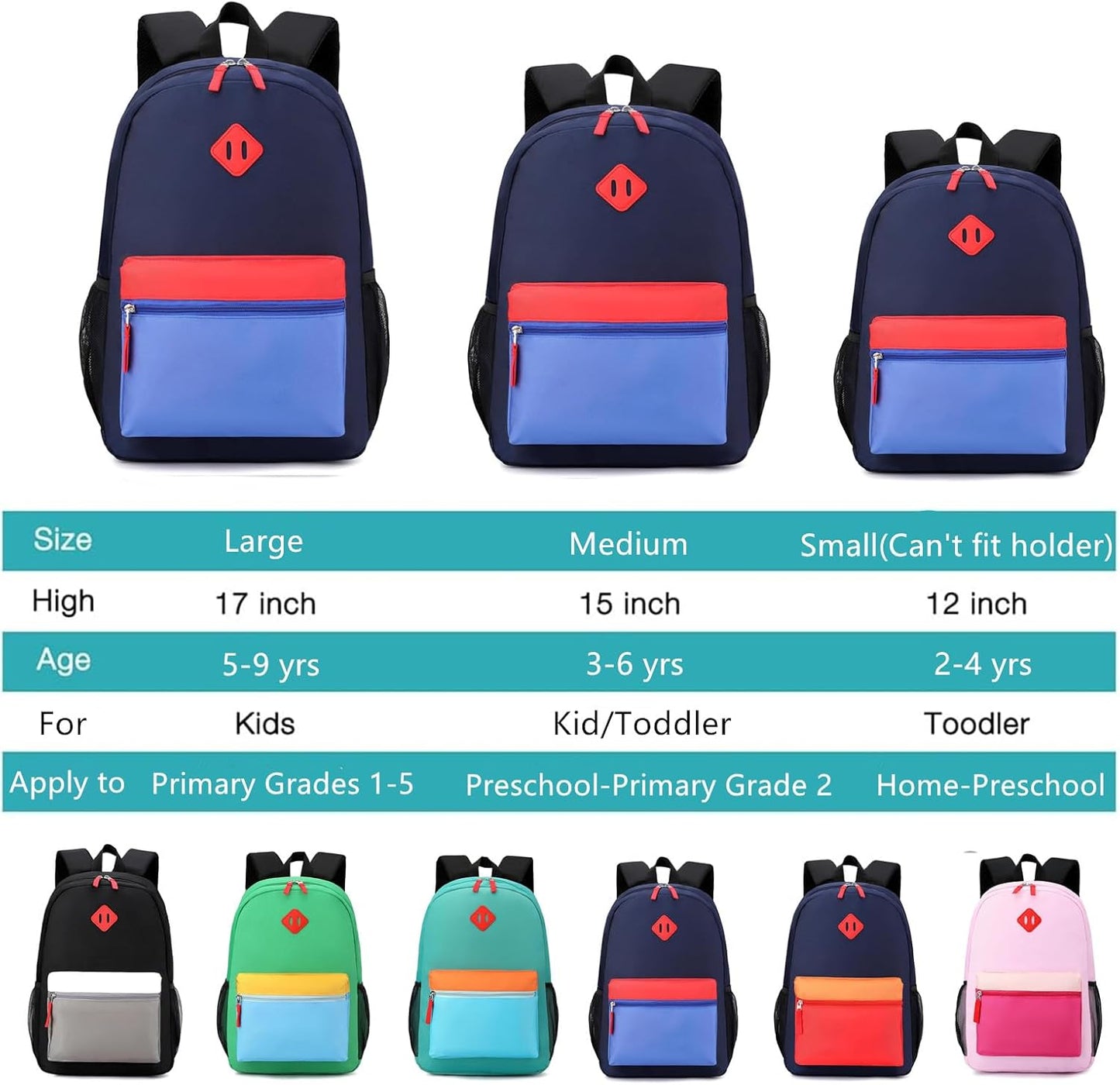 Kids Backpack Lunch Box Set Kindergarten School Backpacks 3-6 Years for Boys and Girls with Chest Buckle (Set Navy Blue, Medium-15 H)
