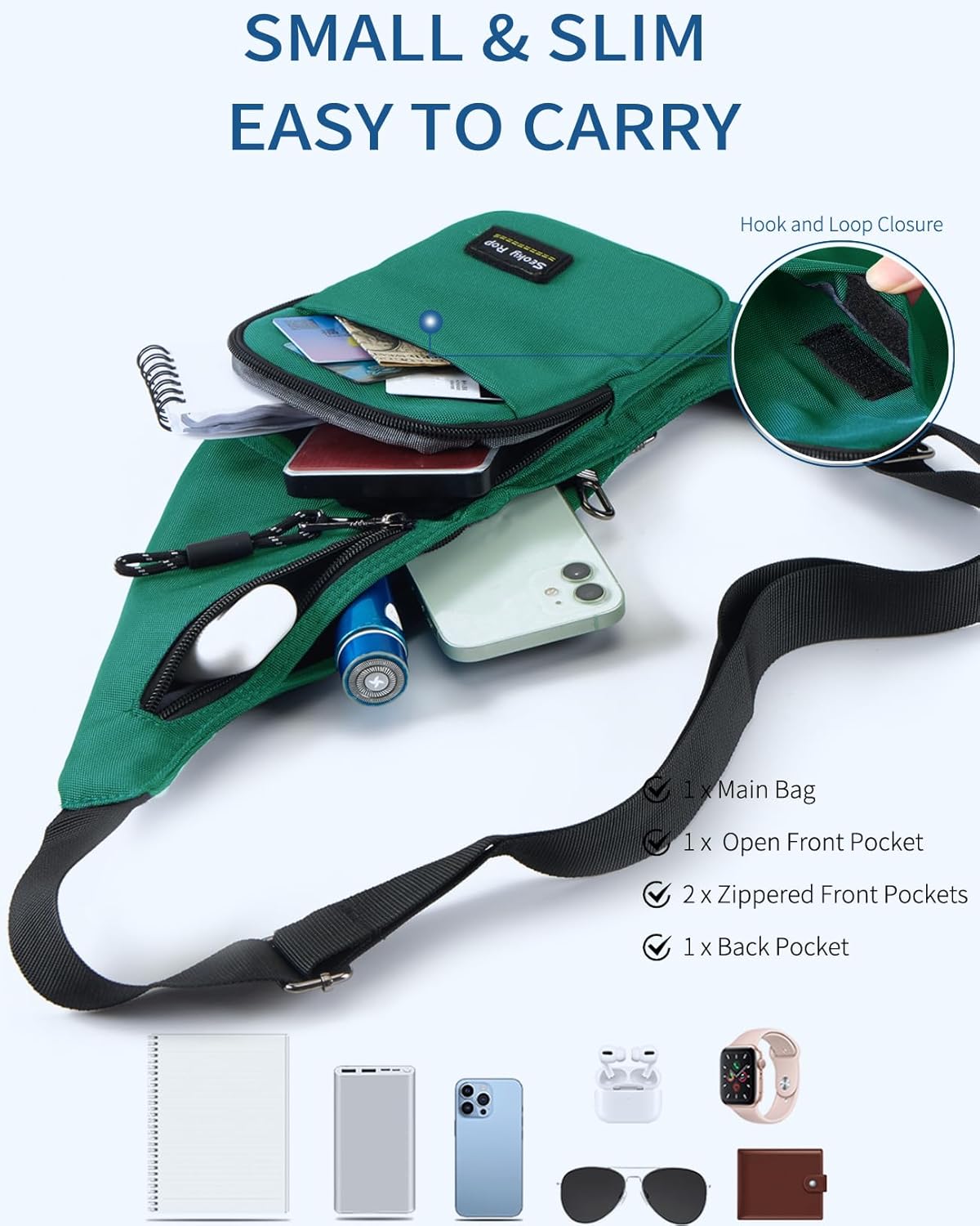 Seoky Rop Sling Bag for Men Women Slim Personal Purse Pocket Small Anti-Thief Crossbody Chest Bag for Travel Hiking Teal Green