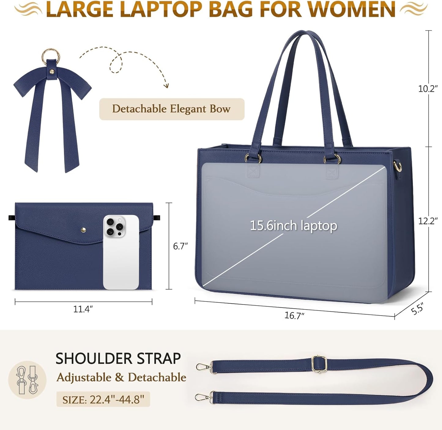 RAINSMORE Laptop Bag for Women 15.6 Inch Work Tote Bags Leather Laptop Tote Waterproof Computer Bag Professional Office Business Briefcase Large Handbag for College Teacher Travel, Blue