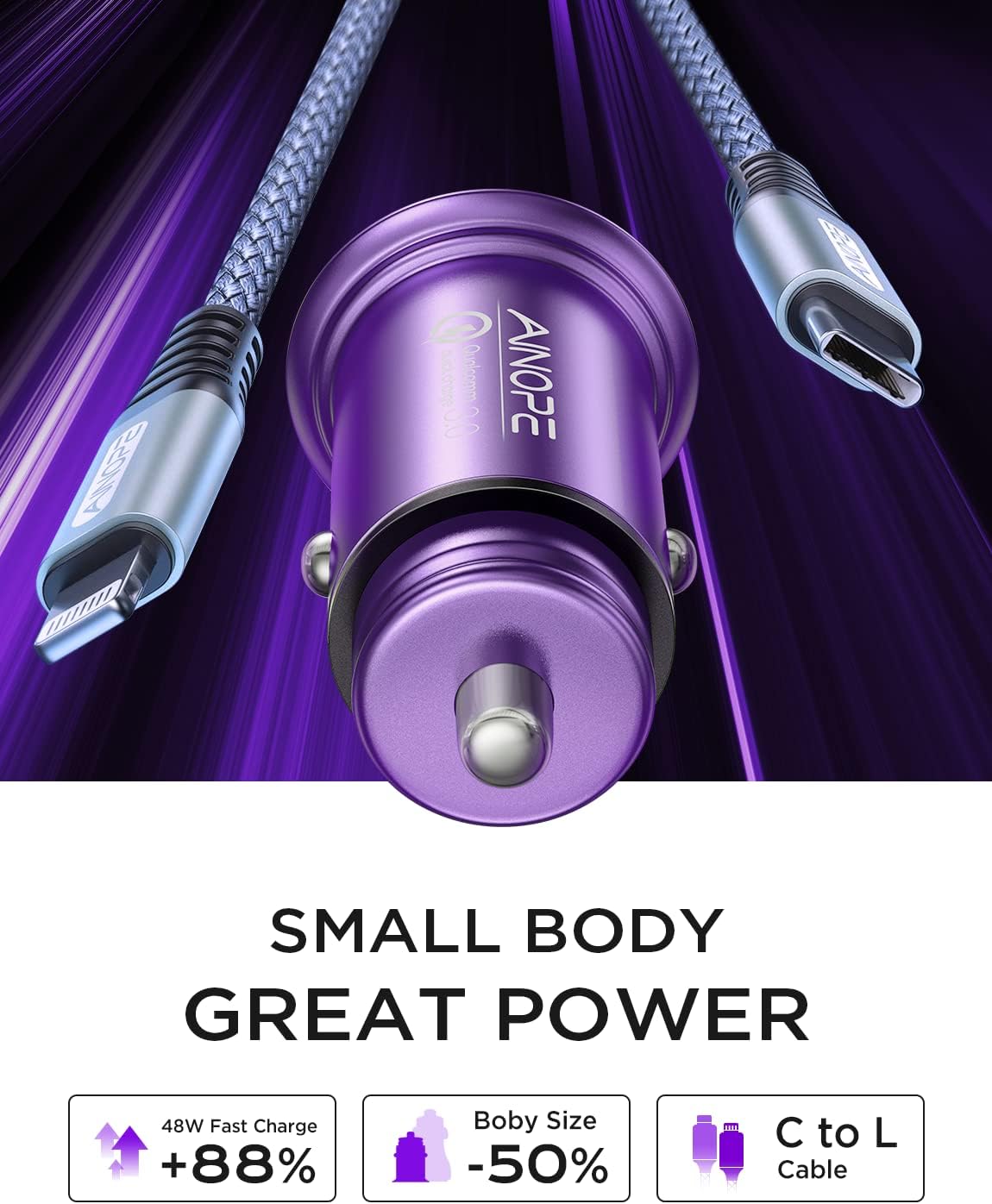 [Apple MFi Certified] AINOPE 54W Fast Car Charger iPhone, [Mini&Metal] USB C Adapter PD3.0&QC3.0 Compatible with iPhone 14 Pro Max/14 Plus/13 Pro Max/12
