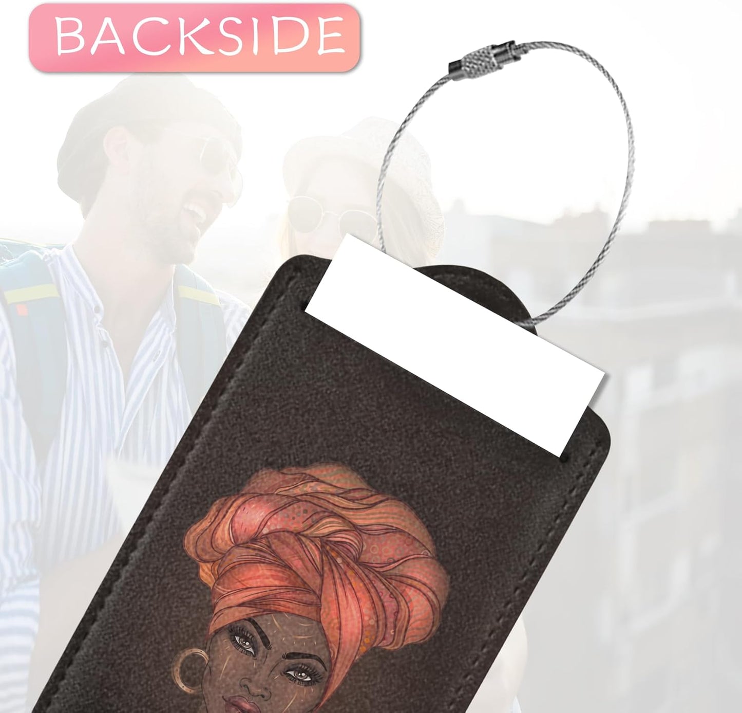 Luggage Tags for Suitcases, 2 Pack Black Women Luggage Tag, African Art Luggage Tag Leather Stainless Steel Loop Label Tag for Men Travel Bag Suitcase