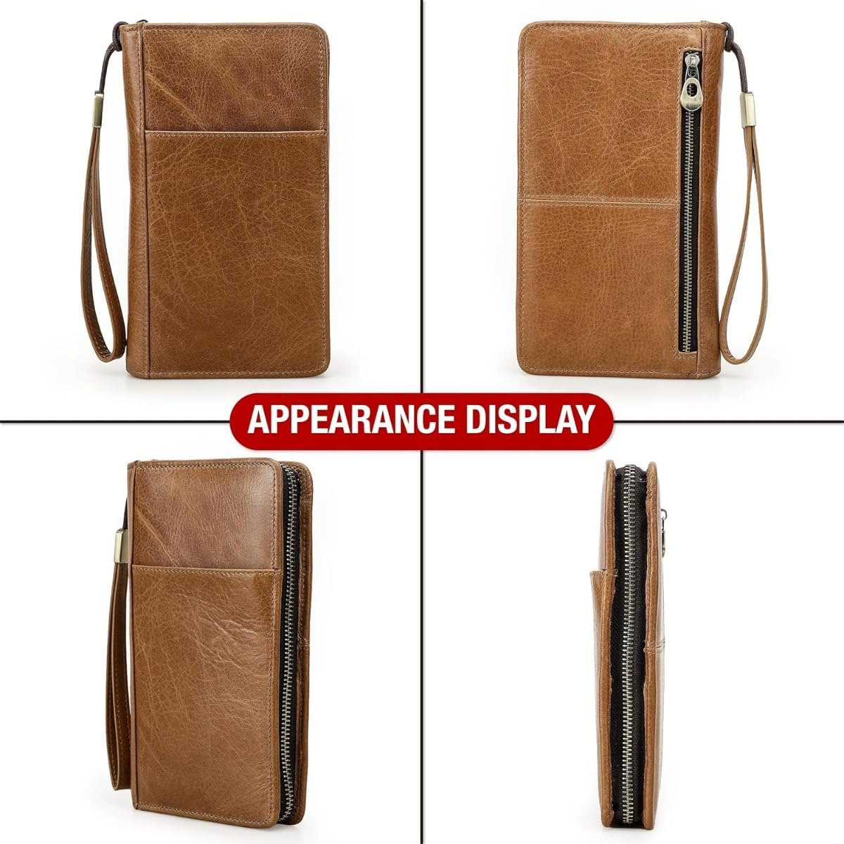 Unisex Genuine Leather Wallet Large Capacity RFID Blocking Passport Holder with Multiple Card Slots (Brown)