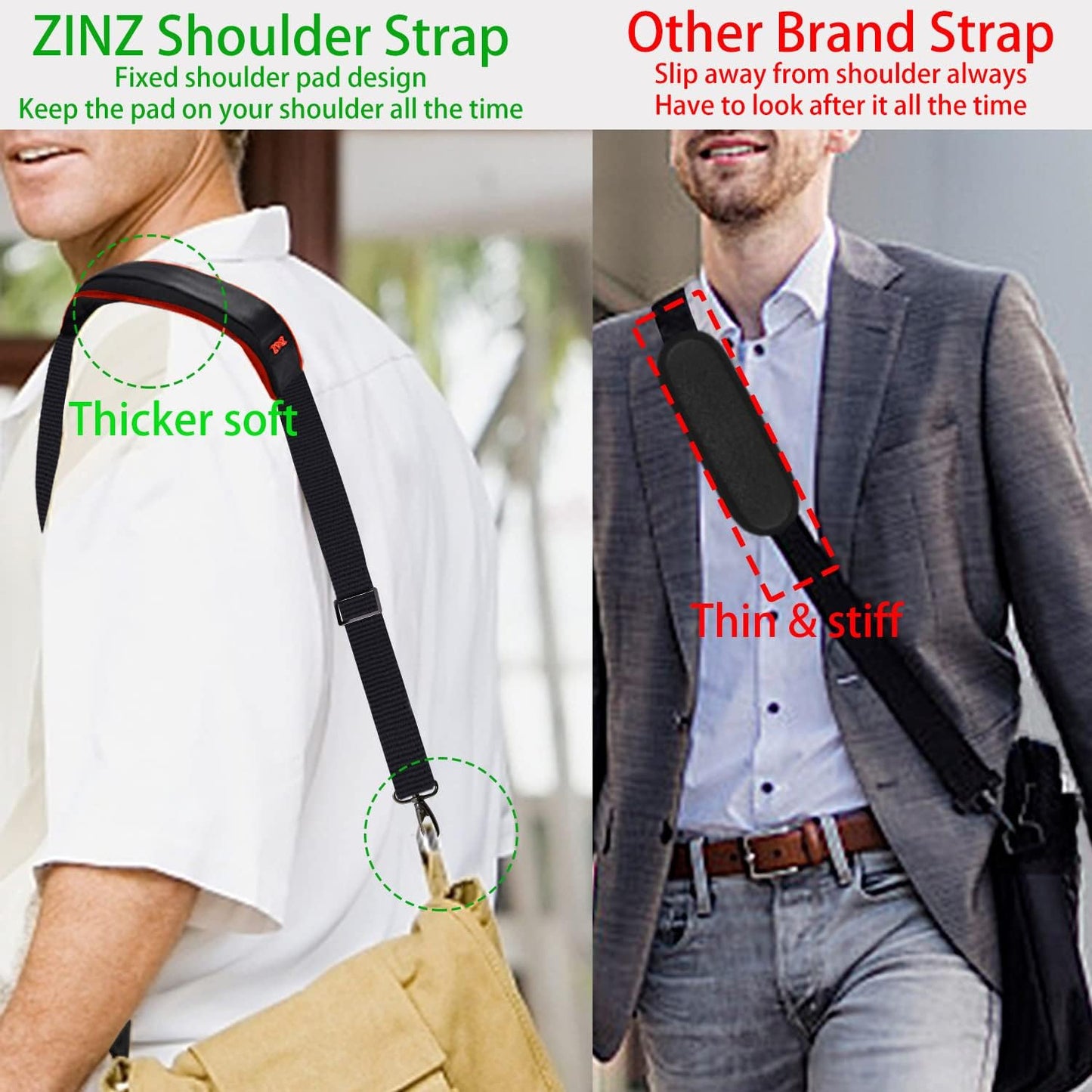 ZINZ Shoulder Strap 58" Ultra-Thick Fixed Padded and Adjustable Buckles Crossbody Strap for Briefcase Laptop Bag Luggage