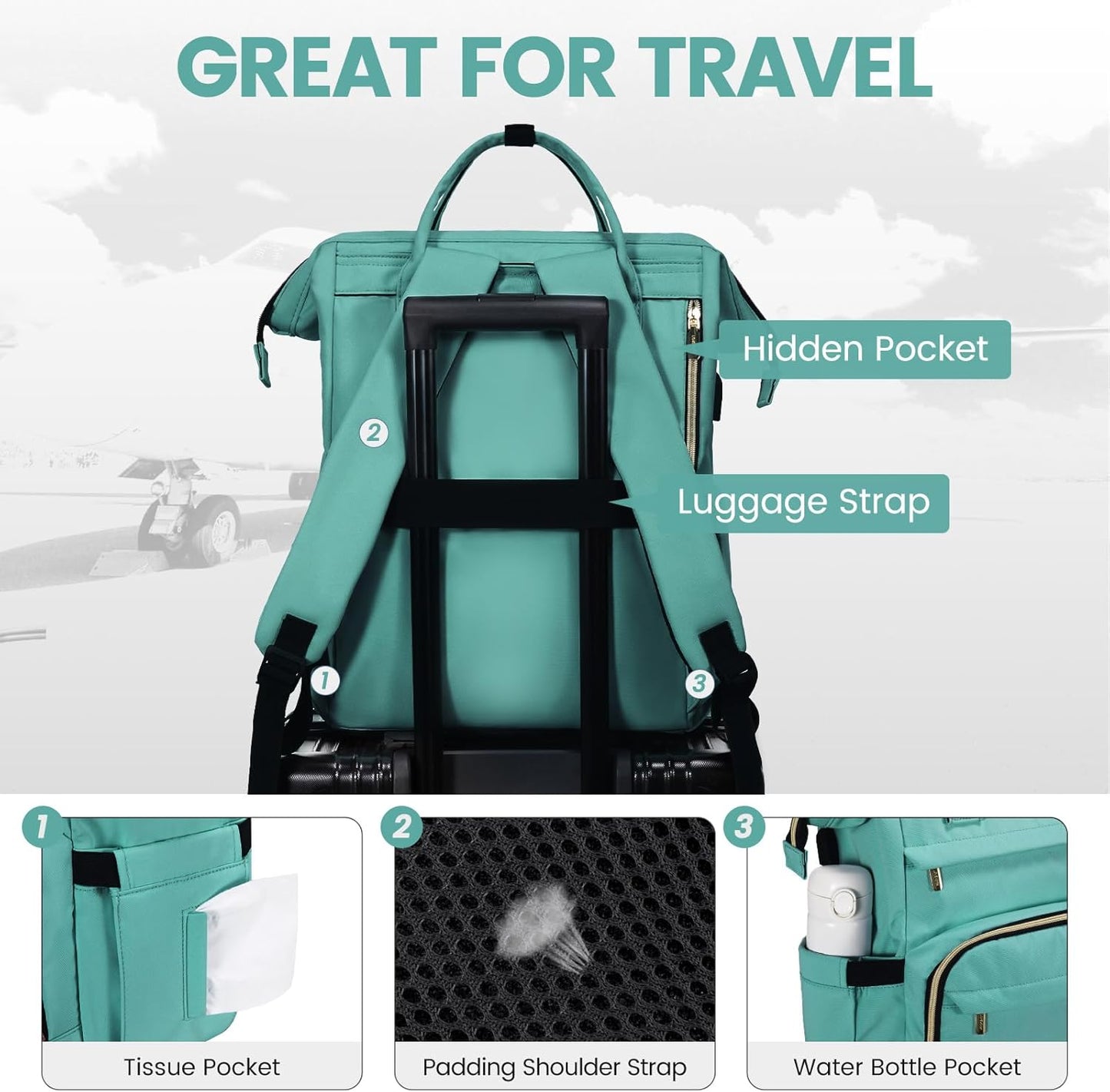 LOVEVOOK Laptop Backpack for Women,18 Inch Professional Womens Travel Backpack Purse Computer Laptop Bag Nurse Teacher Backpack,Waterproof College Work Bags Carry on Back Pack with USB Port,Mint Green