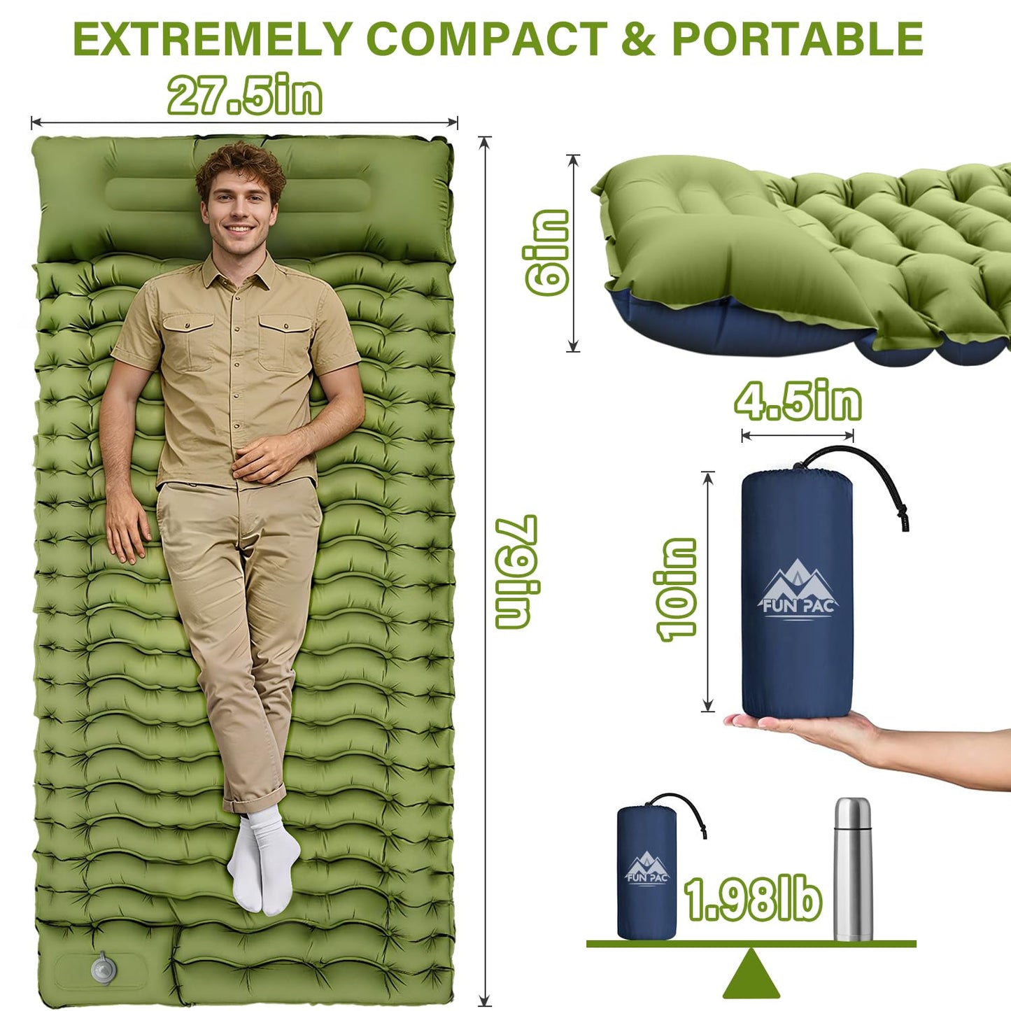 FUN PAC Camping Sleeping Pad, Ultralight Camping Mat with Pillow, Built-in Foot Pump Inflatable