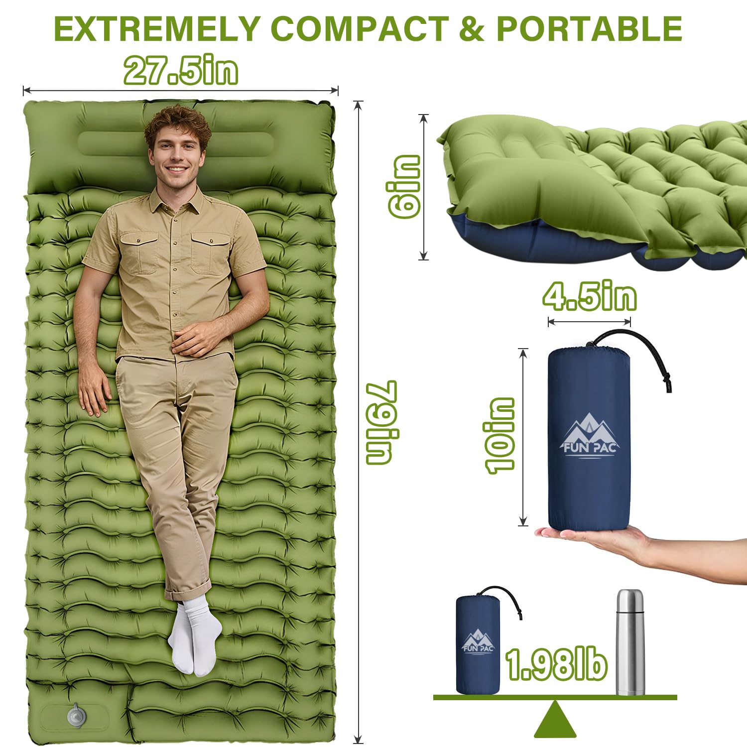 FUN PAC Camping Sleeping Pad, Ultralight Camping Mat with Pillow, Built-in Foot Pump Inflatable