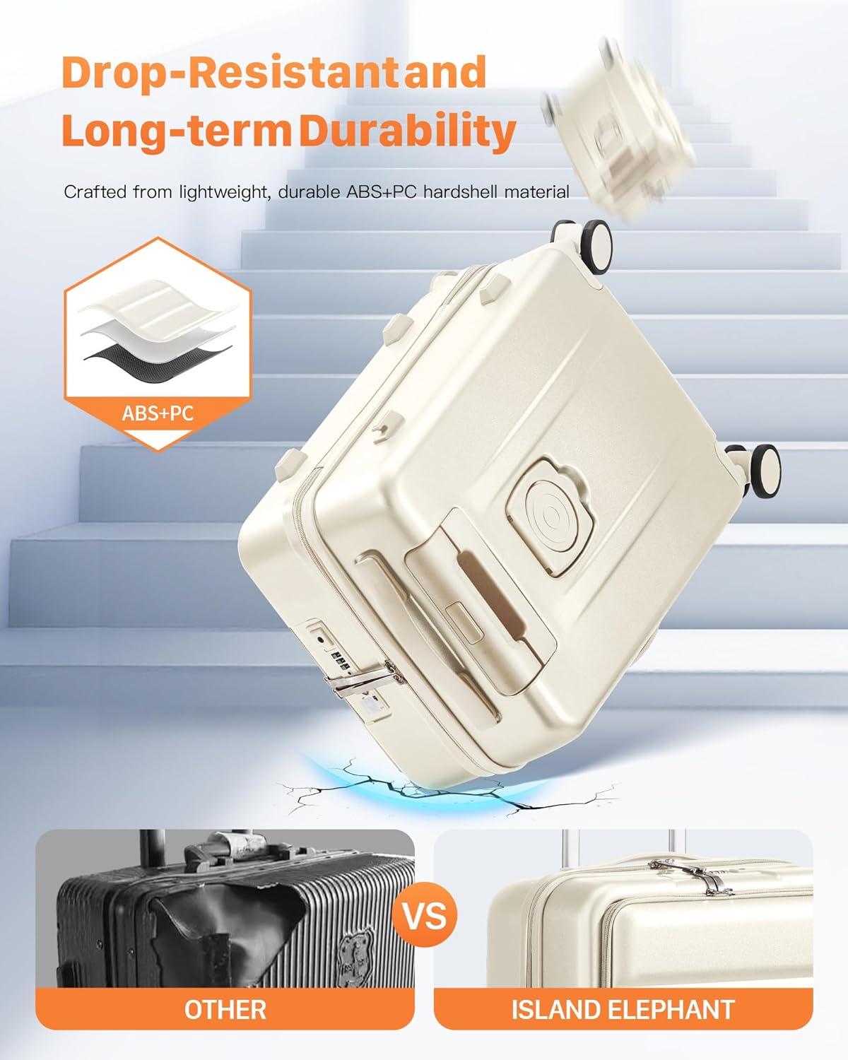 24 Inch Expandable Luggage Check In - Front Pocket Hardside Travel Suitcase Unbreakable -with Cup Holder,USB Charge,Side Pothook, 360°Spinner Wheels, TSA Lock, White