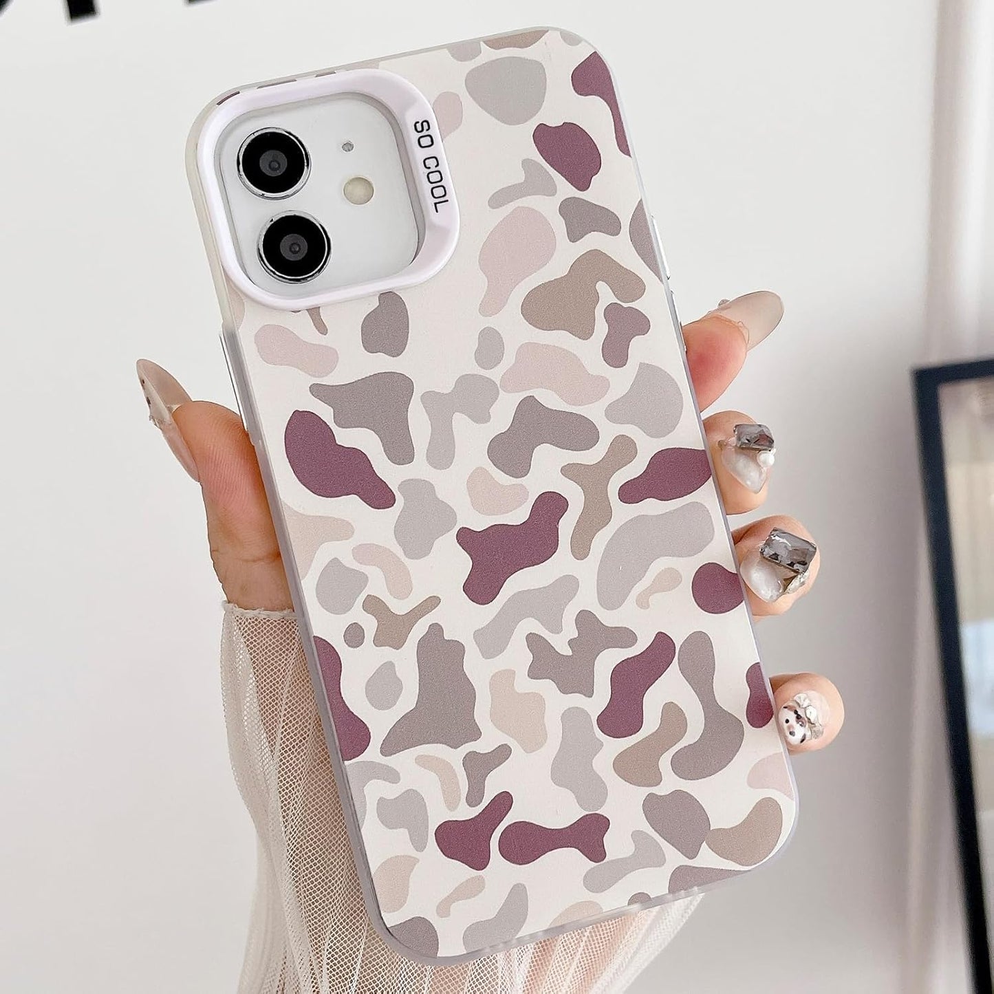 for iPhone 12 Case & iPhone 12 Pro Case, Vintage Camo Pattern Design for Men Boys Teens, Cool Camouflage Shockproof Protective Cover for Girls Women - White
