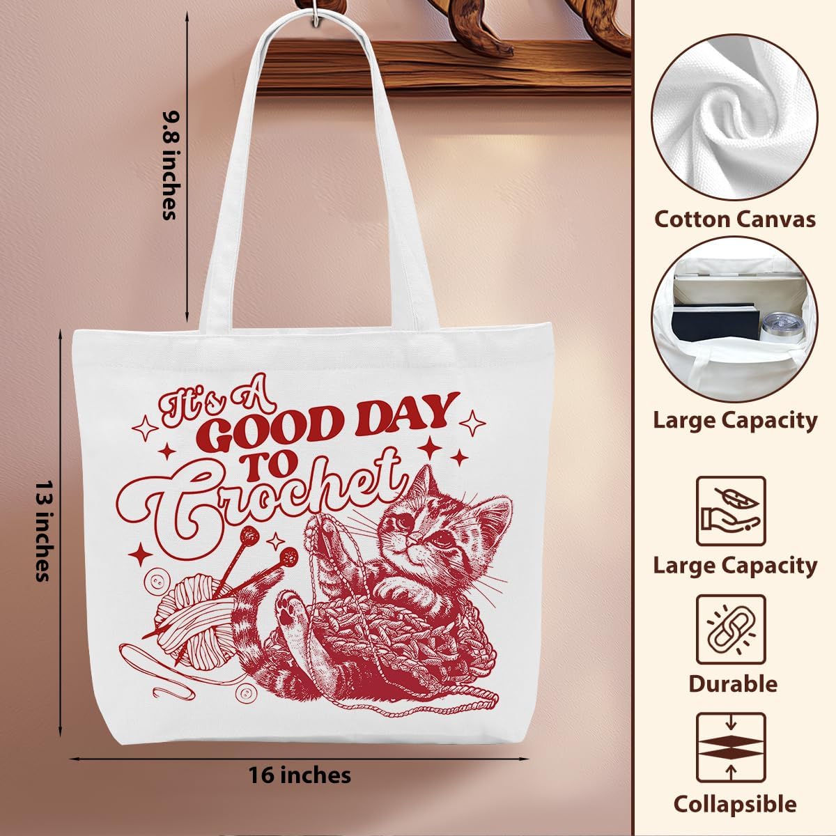 Crochet Knitting Humor Yarn Gifts Canvas Tote Bag, Reusable Grocery Shopping Bags for Crocheters Christmas
