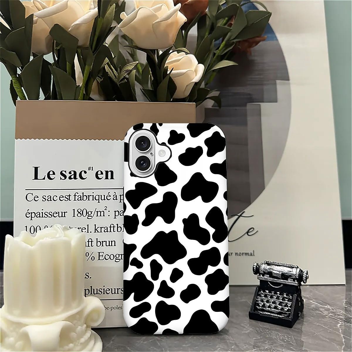 SEized Case Compatible with for iPhone 16,Black White Cow Pattern Phone Case for Girl Women Boy Men,Durable Protection Phone Case for iPhone 16