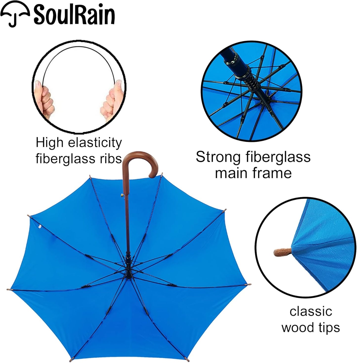 SoulRain 48" Large Umbrella –Windproof Stick Umbrellas for Rain, Automatic Open, Vintage Cane Royal Blue Umbrella with Classic Wooden Handle & Shaft, for Women & Men(Royal Blue)