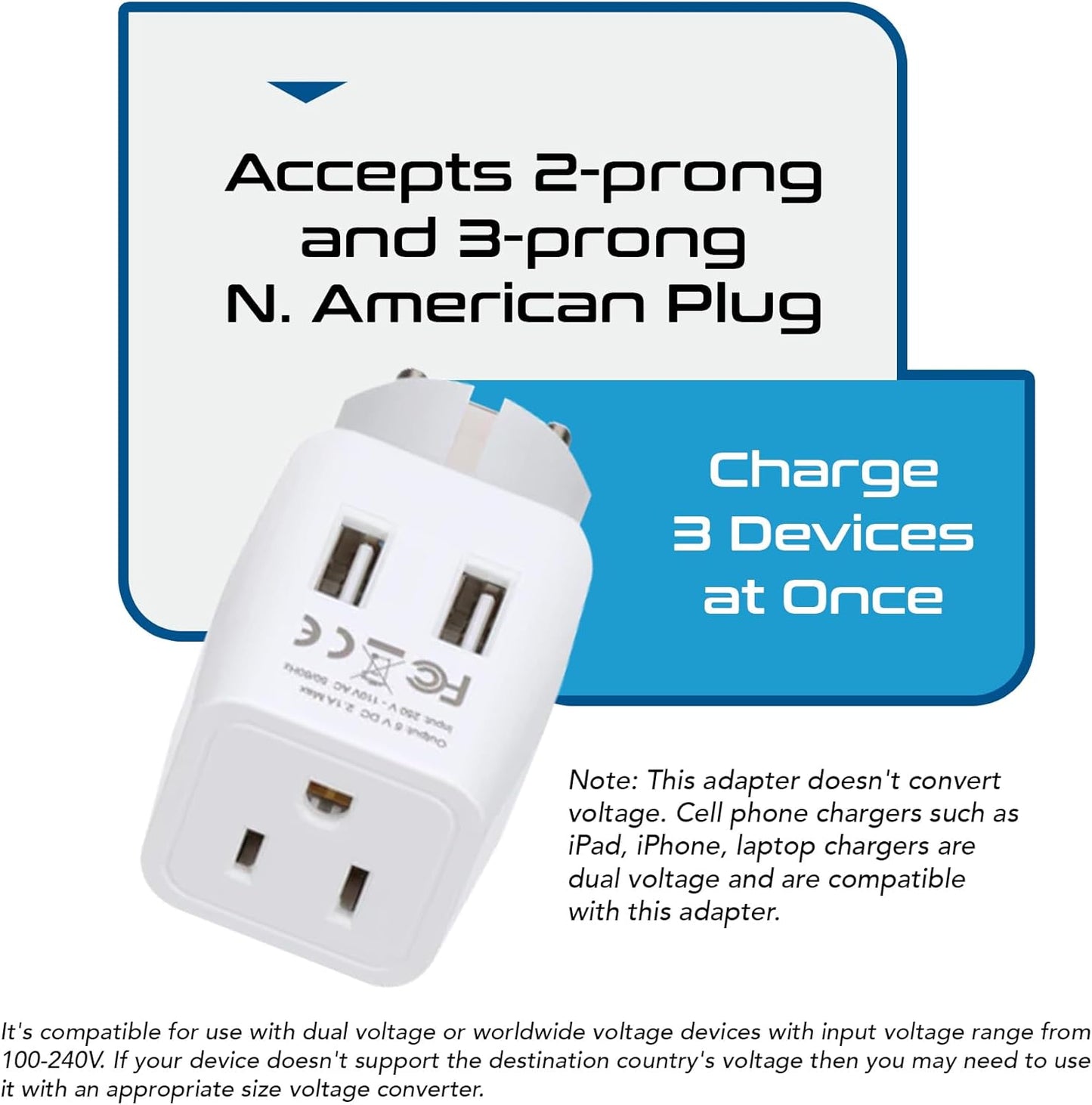 Ceptics Schuko, Germany, France, Spain Travel Adapter Plug with Dual USB - Usa Input Type E/F