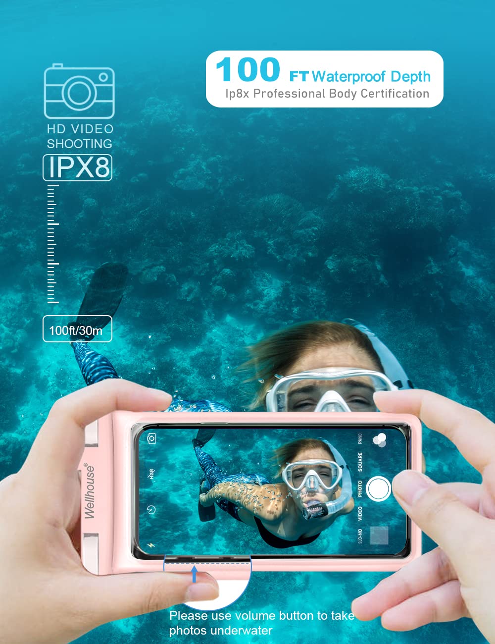 wellhouse 3D Waterproof Phone Pouch with Lanyard,Premium TPU100FT Deep Waterproof Phone Case for