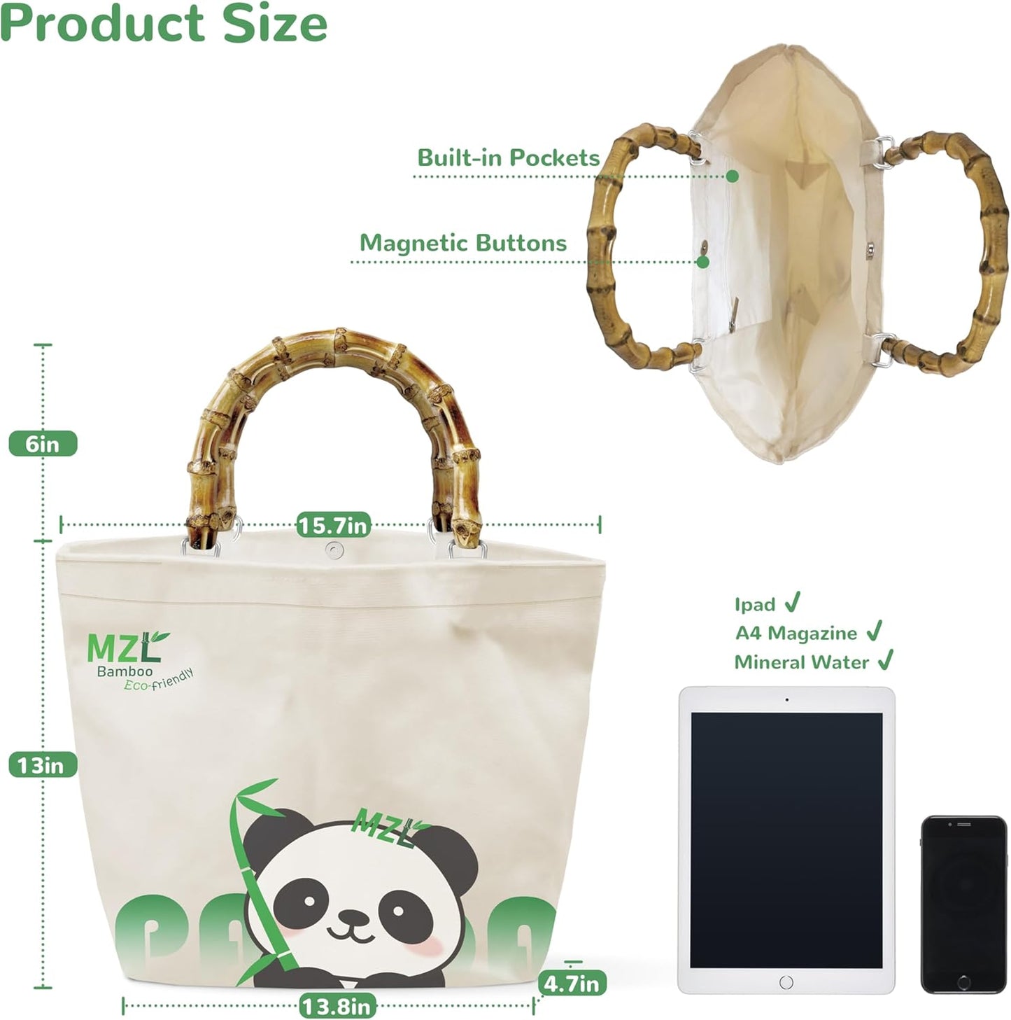 MZLBAMBOO-Tote Bag For Women, Tote Purse And Shoulder Bag, Capacity Eco-Friendly Canvas Bags, Bamboo Handle, Panda Print