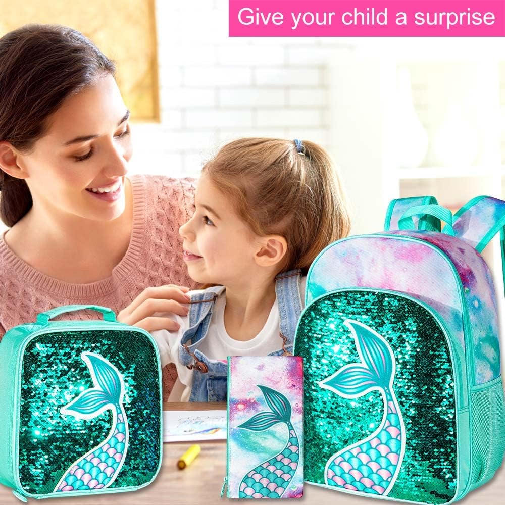 3PCS Kids Backpacks for Girls, 16" Little Kid Preschool School Bookbag and Lunch Box - Unicorn/Mermaid/Flamingo