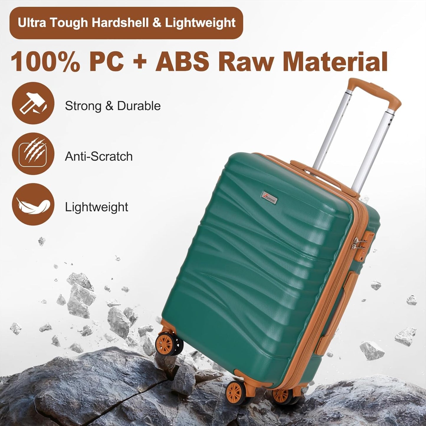 Romswi Expandable 20" Carry On Luggage,Hardshell Suitcase with Double Spinner Wheels for 20% More Space, Airline Approved Lightweight Hardside Luggage, Scratch-Resistant & YKK Zipper,Green