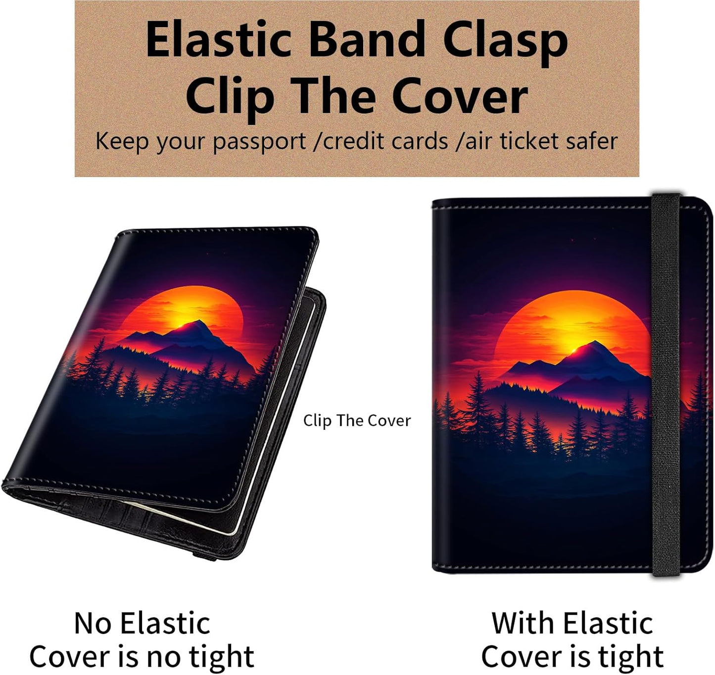 Passport and Vaccine Card Holder Cover Combo,Travel Passport Holder Wallet with RFID Blocking, Leather Vaccine Card Slot Passport Cover Case for Women & Men,Beautifu Sunset and Mountains