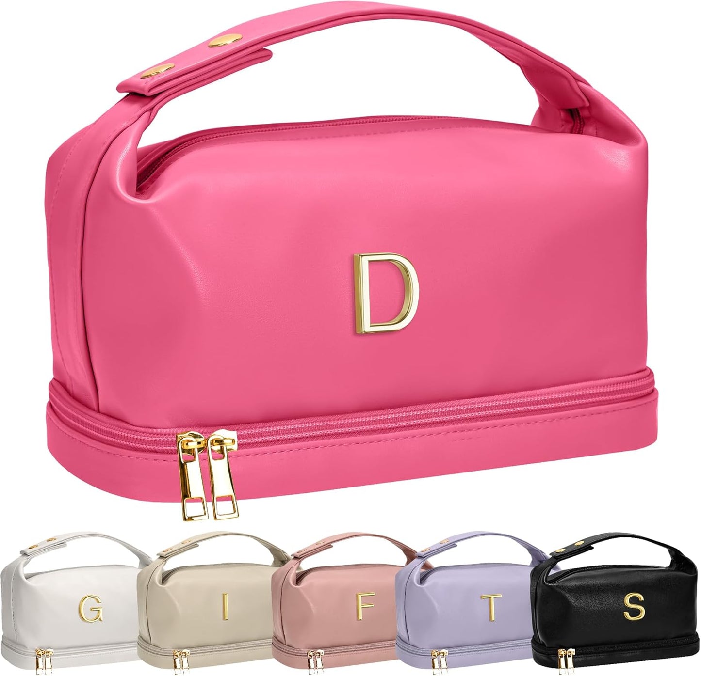 Bridesmaid Gifts for Girl, Monogrammed Makeup Bag with Handle, Initial Double Layer Cosmetic Bag with Makeup Brush Organizer, Cute Cosmetic Pouch for Women, Gifts for Friends Female