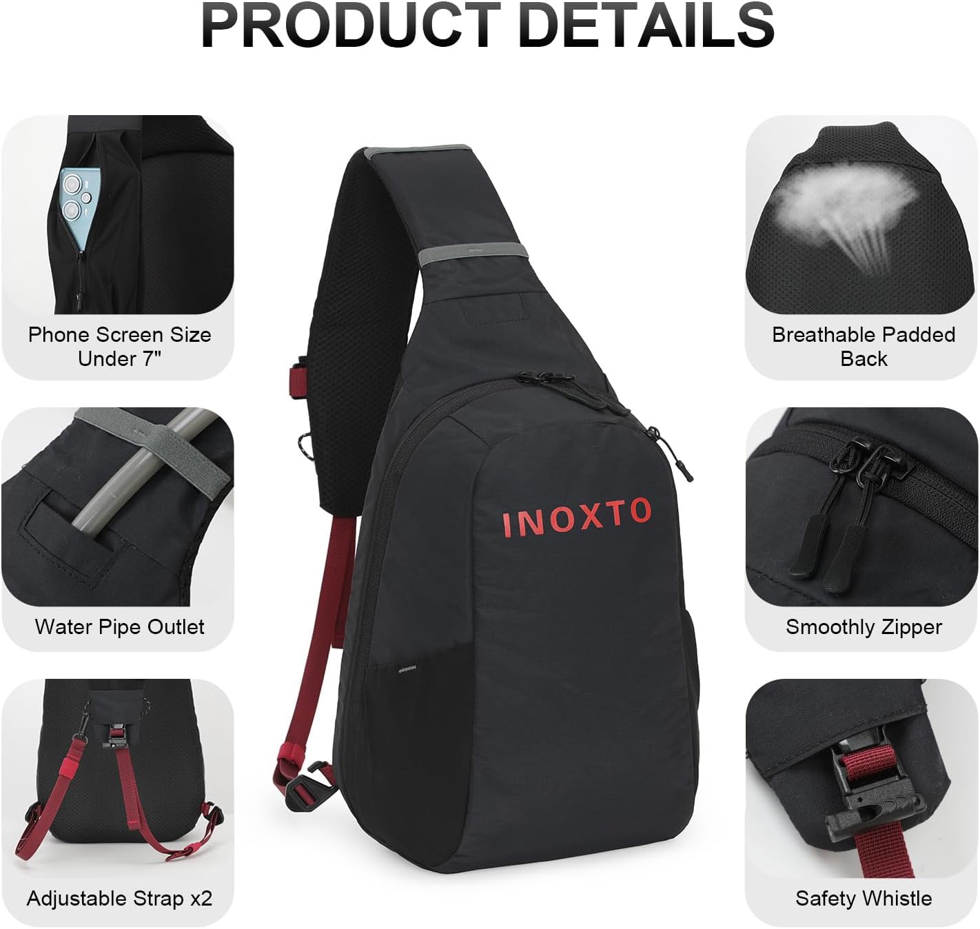Crossbody Sling Bag for Men Women,Sling Backpack Shoulder Chest Bag Daypack with 500ML Soft Flask for Hiking Travel (Black With 500ML)