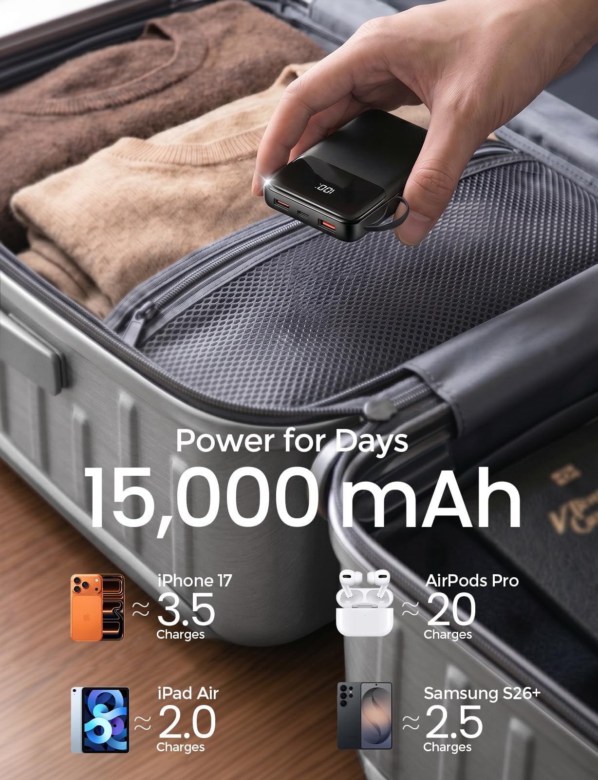 15000mAh Portable Charger Power Bank, Smaller Built-in 4 Cables, 22.5W