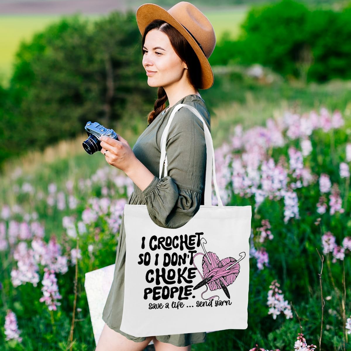 Crochet Knitting Humor Yarn Gifts Canvas Tote Bag, Reusable Grocery Shopping Bags for Crocheters Christmas