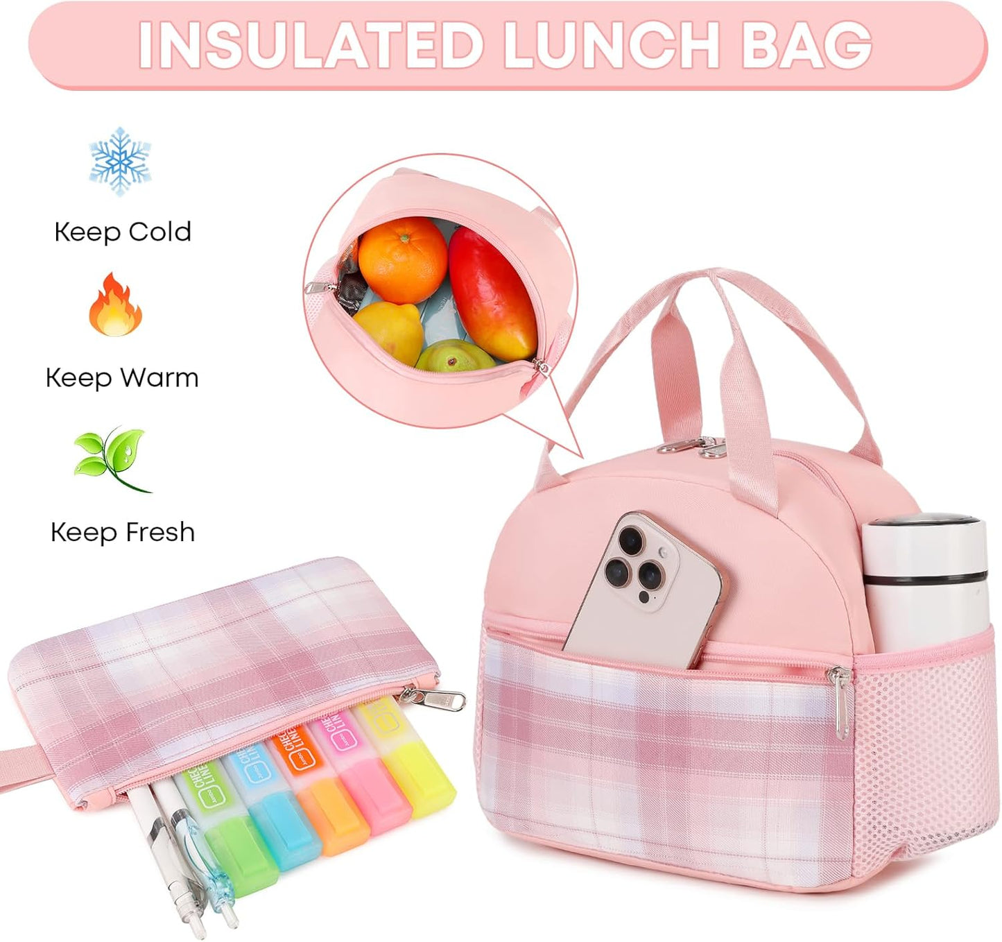 3PCS School Backpack For Student Women College Middle High Teen Girls Bookbag Waterproof Laptop Bag Plaid Pink