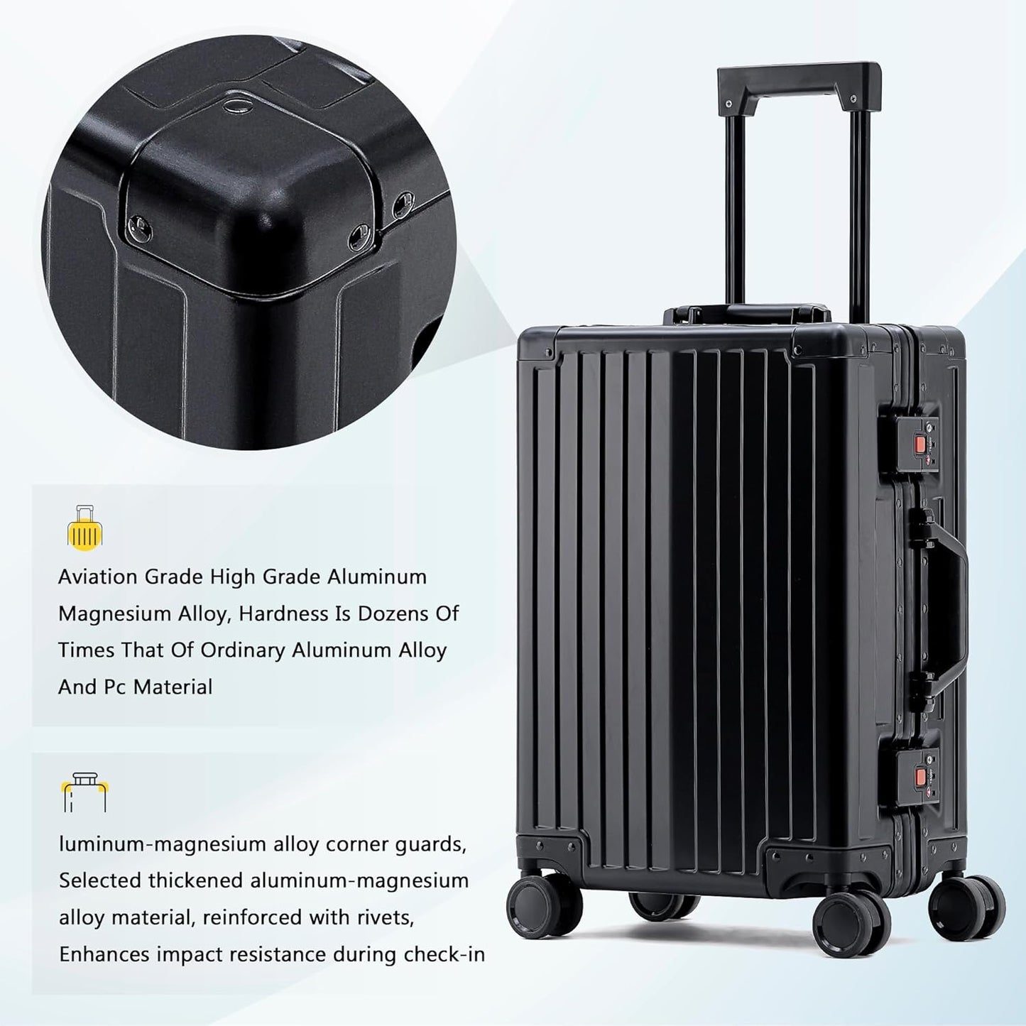 YYW Aluminum Carry-On Luggage Airline Approved Lightweight Suitcase with TSA Lock and Silent Wheels, Hardshell Spinner Business Travel (Black, 24in)