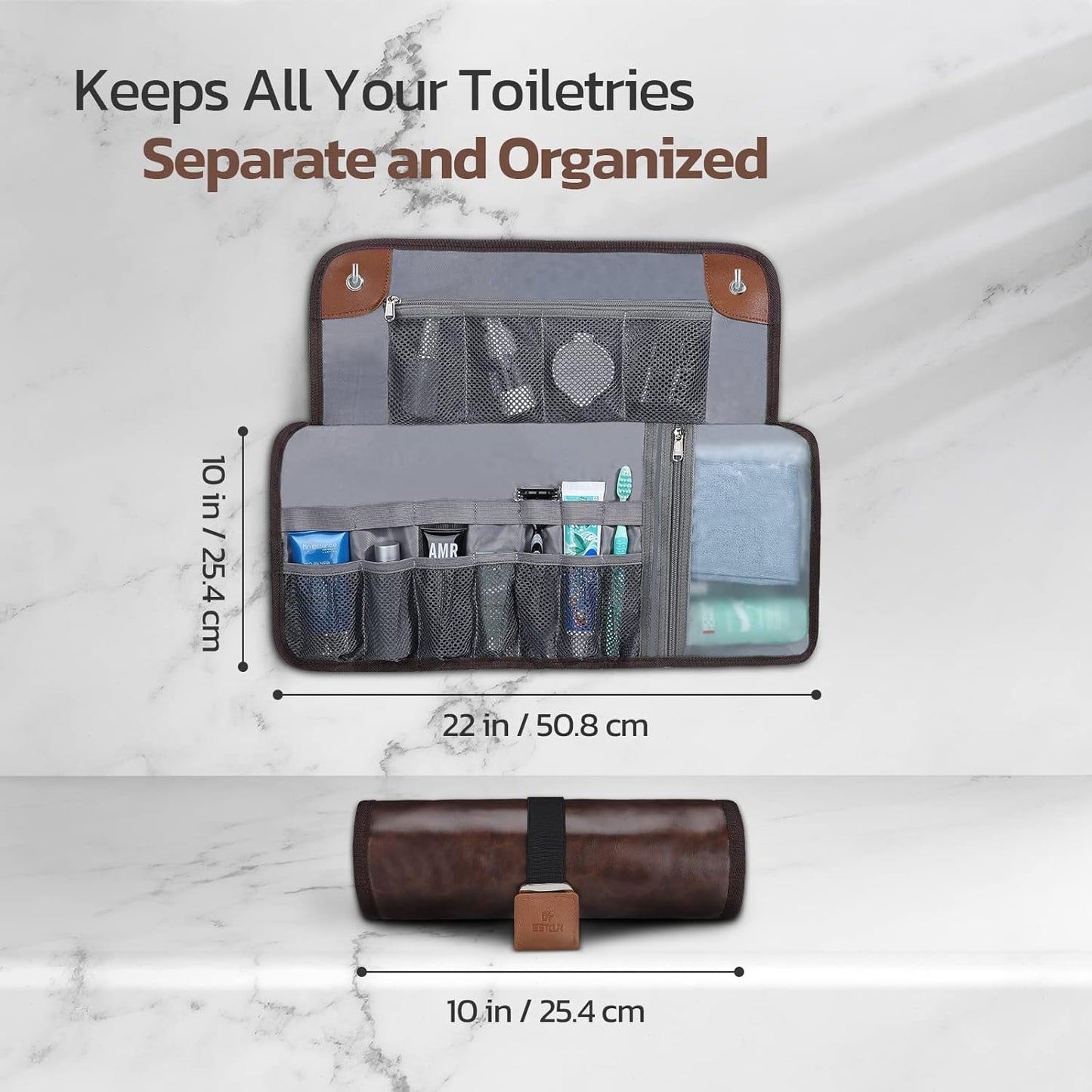 Toiletry Bag for Men, Travel Essentials Travel Toiletry Bag, Water-Resistant Compact Bathroom Roll Organizer for Hygiene, Shaving kit, Gifts for men (1.Chic Brown(PU Leather))