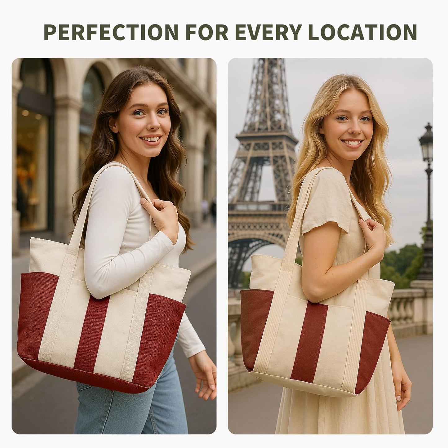 Large Canvas Tote Bag,White and Green, with Laptop Sleeve and Multiple Pockets