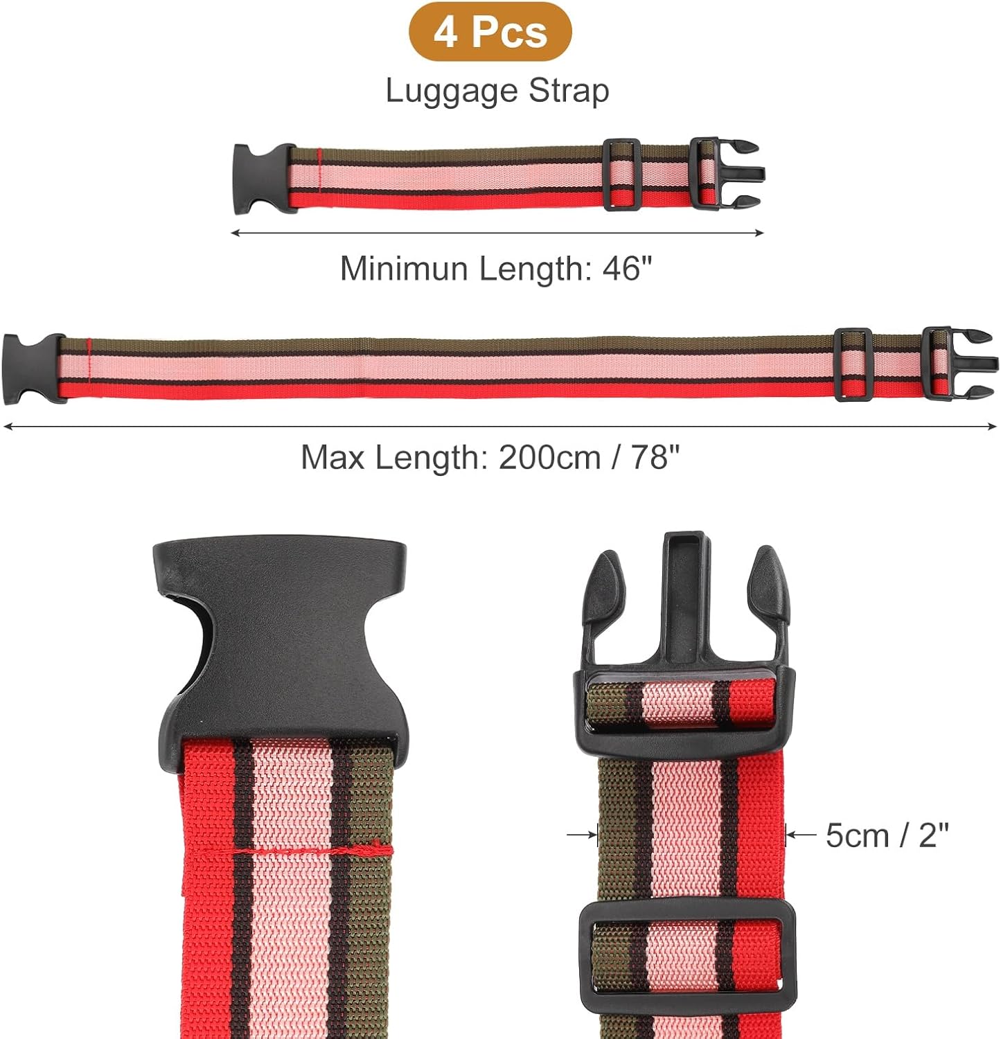 MECCANIXITY Luggage Straps with Quick-Release Buckle Adjustable Suitcase Belt Strap for Suitcase Briefcase Backpack Travel, Red-Pink-Green, Pack of 4