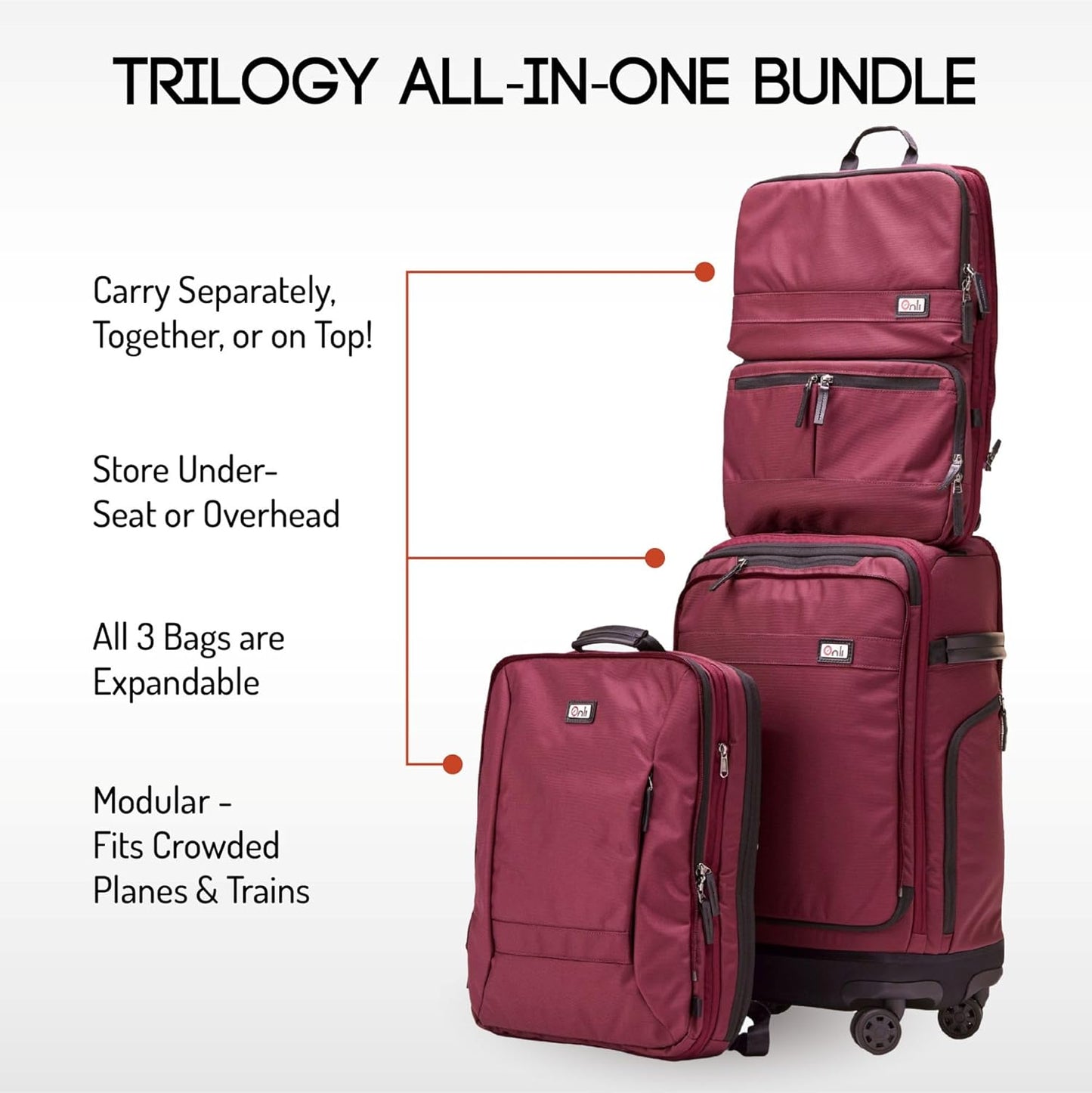Trilogy All-In-One Bundle: 3-Part Modular Rolling Pack and 8 Perfect Fit Packing Cubes and a padded hip belt. Get 3 bags in 1 (Zinfandel)