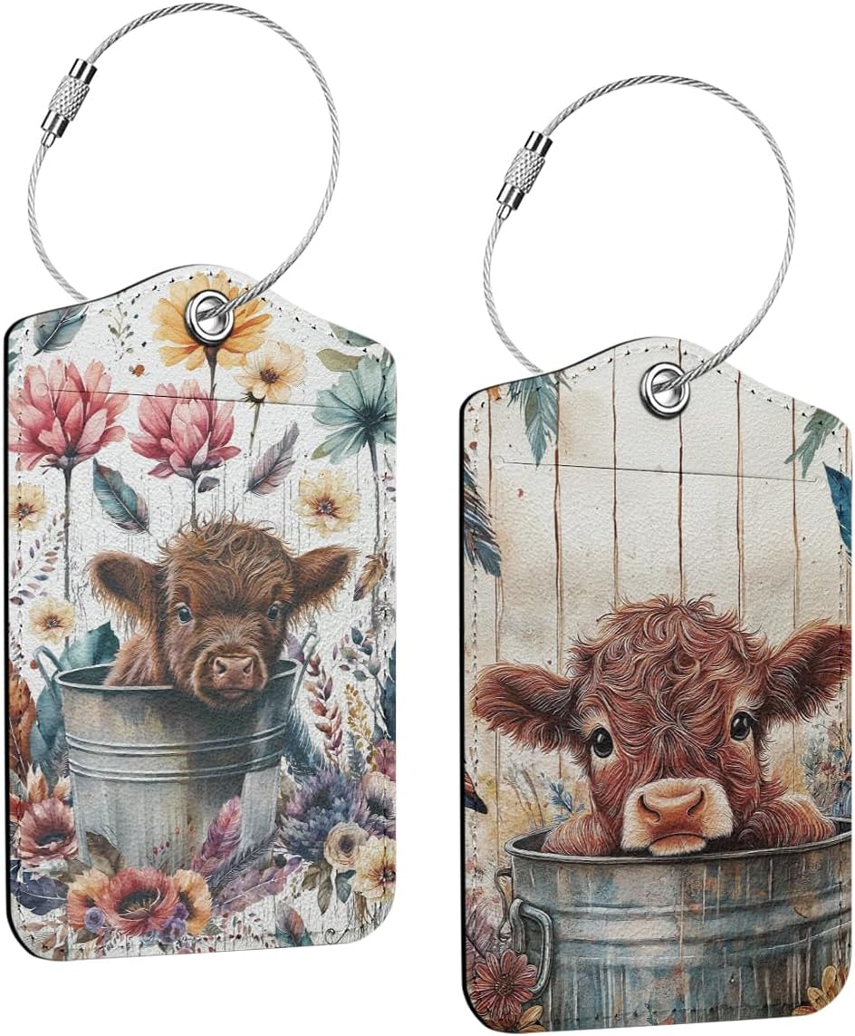 2 PCs Cow Print Stuff Luggage Tag, Suitcase Tags with Privacy Flap and Metal Loop, Luggage Tags for Suitcases, Identifiers Travel Essentials Bag Tag, Cow Gifts for Women Girls Friends Daughter