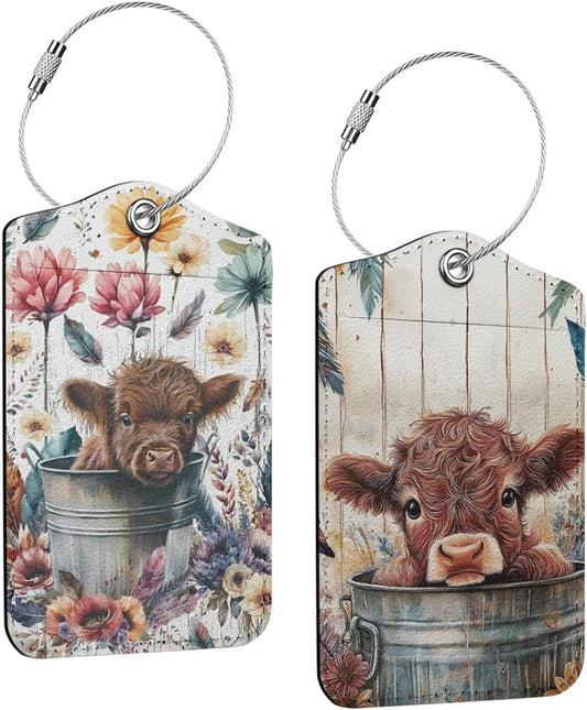 2 PCs Cow Print Stuff Luggage Tag, Suitcase Tags with Privacy Flap and Metal Loop, Luggage Tags for Suitcases, Identifiers Travel Essentials Bag Tag, Cow Gifts for Women Girls Friends Daughter