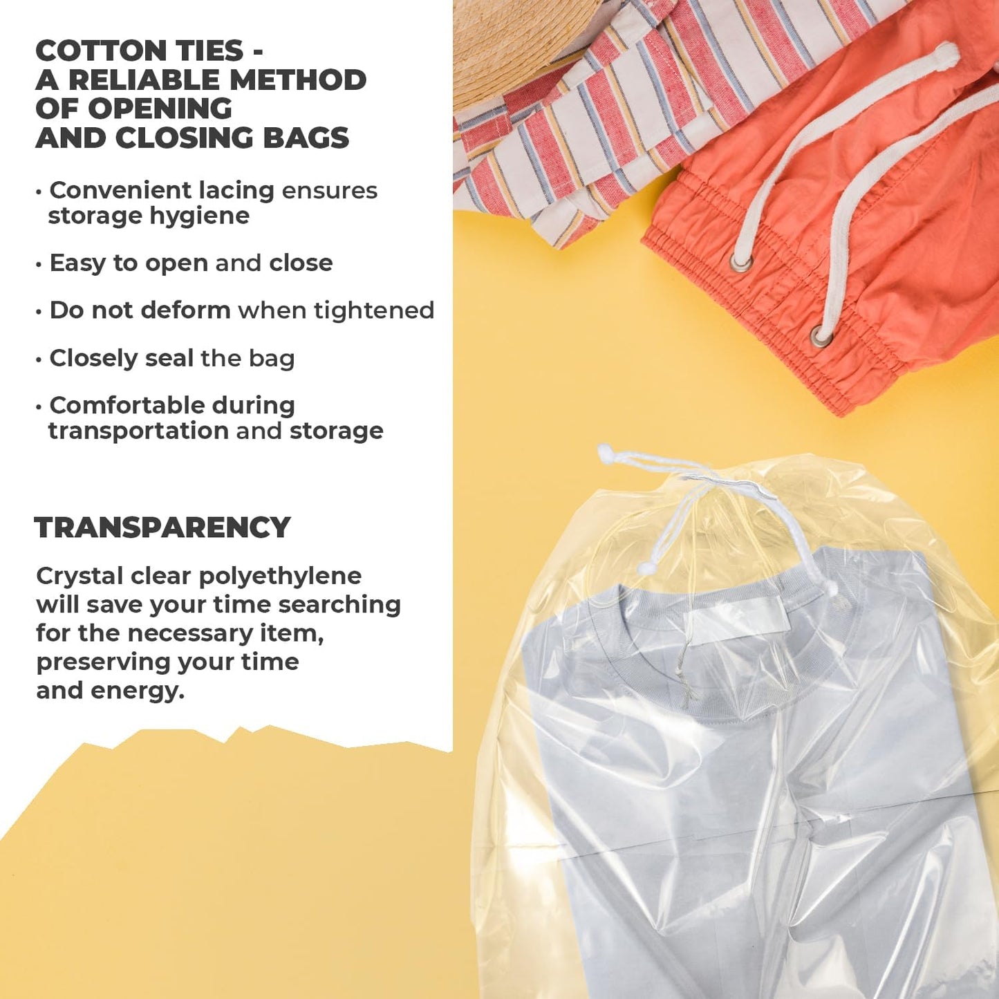 Disposable Drawstring Bags PE 2 Mil with Double Cotton Drawstrings