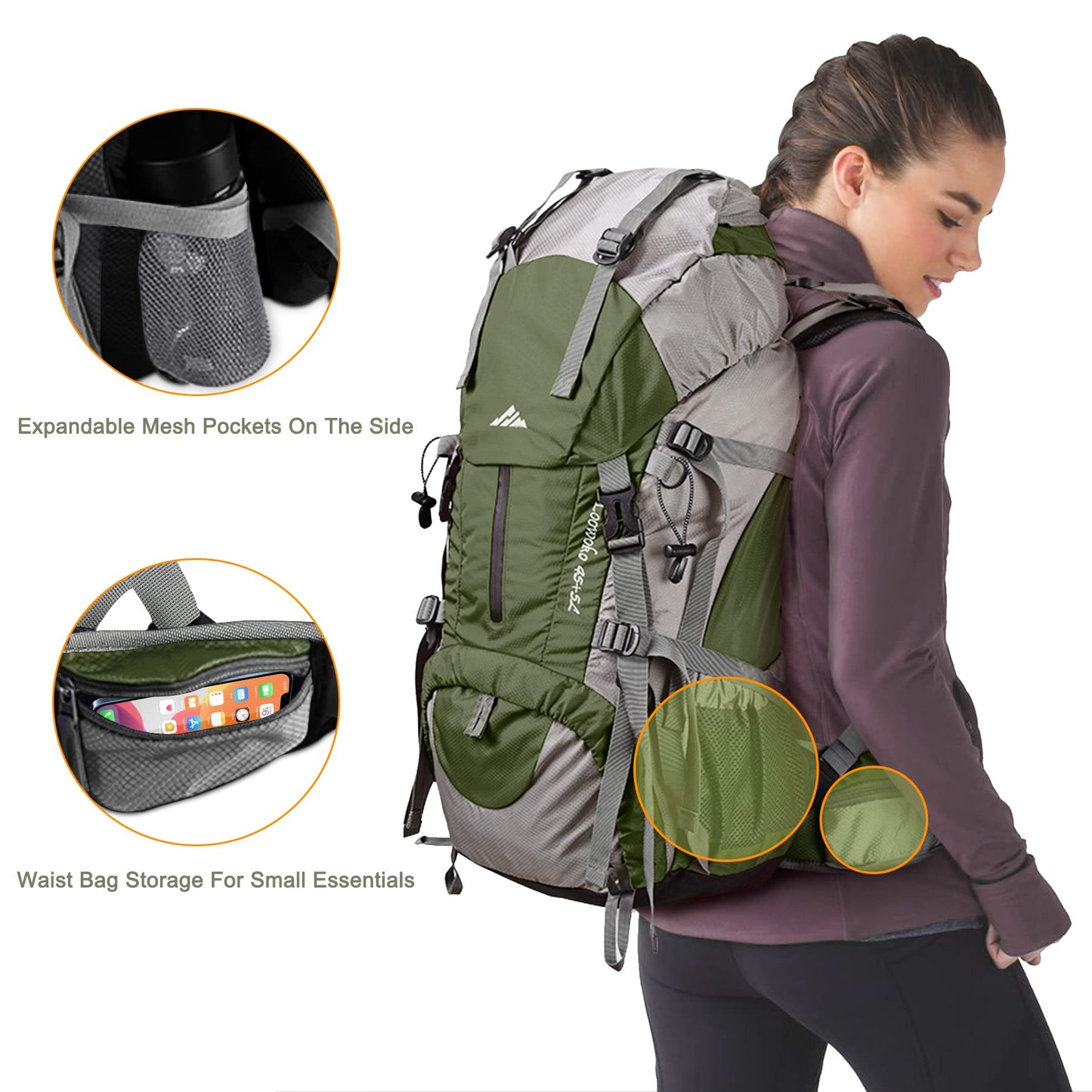 Loowoko 50L Hiking Backpack with Rain Cover for Both Men and Women