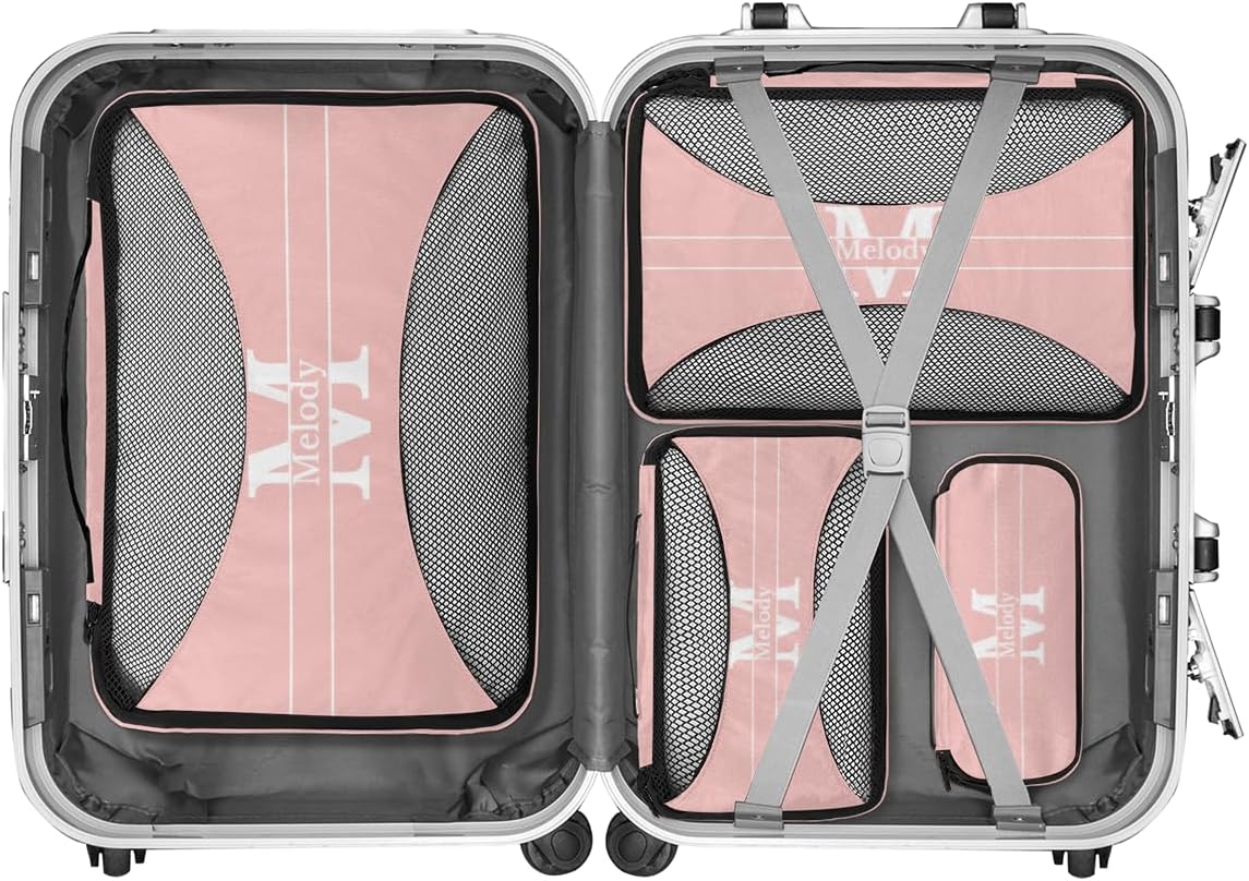 Custom Packing Cubes with Name, 4Pcs/Set Travel Luggage Packing Organizers Set for Women, Pale Pink Background with Initial Letter