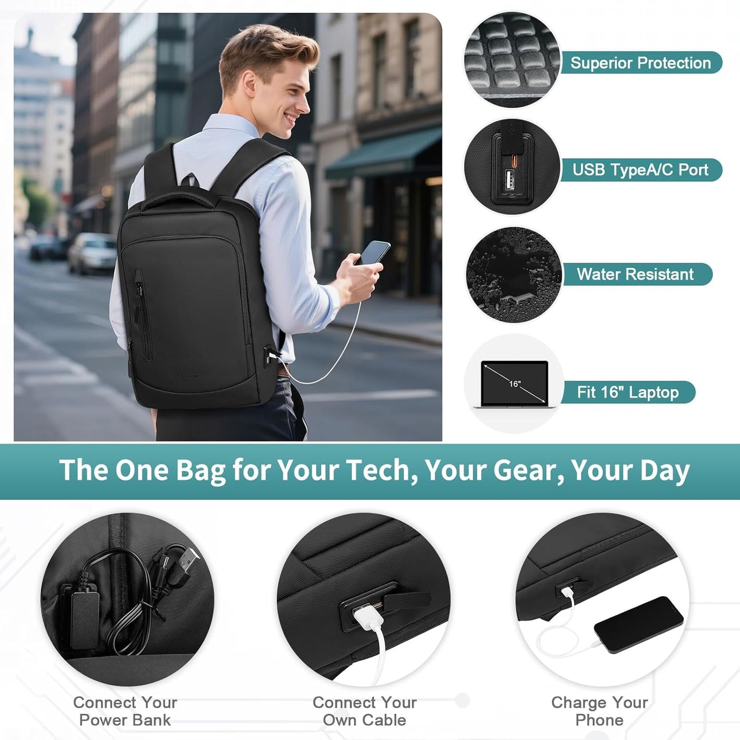 Shockproof Slim Laptop Backpack for Man, Fits 15.6" Laptops, Water Resistant Business Bag with USB A/C Port & Anti-Theft Pocket, Black