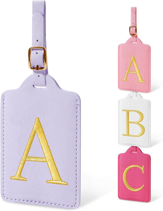 Initial Luggage Tags for Suitcases, Cute Embroidered Letter Luggage Bag Suitcase Identifier Name Baggage Tag, PU Leather Travel Luggage Tags, Bag Tags for Men Women Kids Luggage Handbags(Purple A)