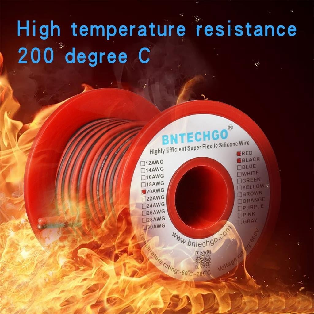 BNTECHGO 20 Gauge Flexible 2 Conductor Parallel Silicone Wire Spool Red Black High Resistant 200 deg C 600V for Single Color LED Strip Extension Cable Cord,Model,25ft Stranded Tinned Copper Wire